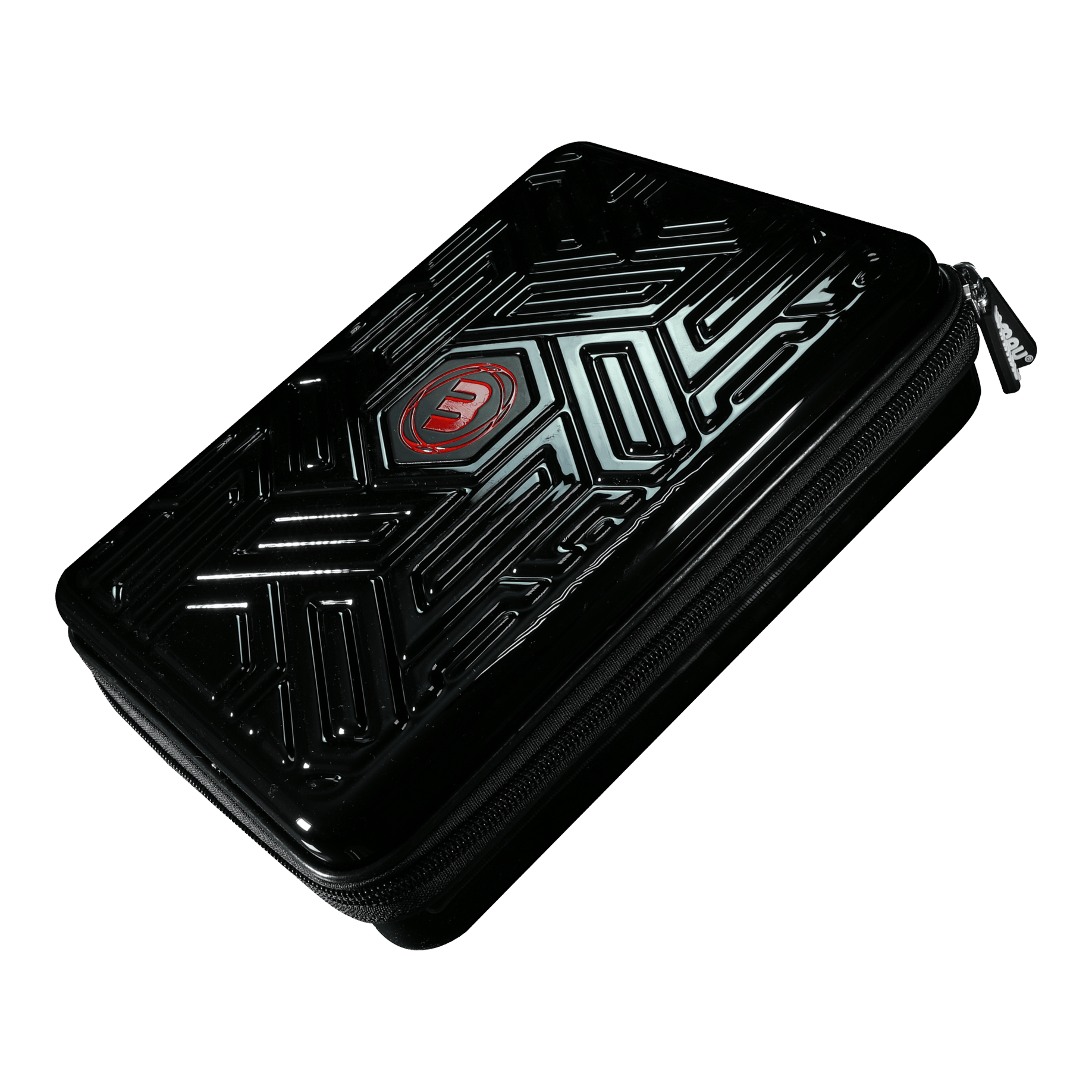 Winmau Armor G4 Dartwallet Das Bild zeigt ein schwarzes Dart-Etui mit glänzender, strukturierter Oberfläche und einem roten Logo in der Mitte. Das Etui hat einen Reißverschluss an der Seite.