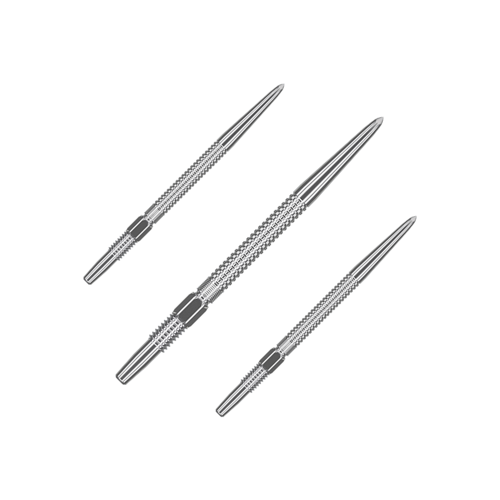 Špičky na šipky Target Swiss Point GRD Silver Das Bild zeigt drei silberne Dartspitzen des Produkts "Target Swiss Point GRD Silver Dartspitzen". Sie sind schlank, aus Metall gefertigt und haben eine strukturierte Oberfläche für besseren Halt.