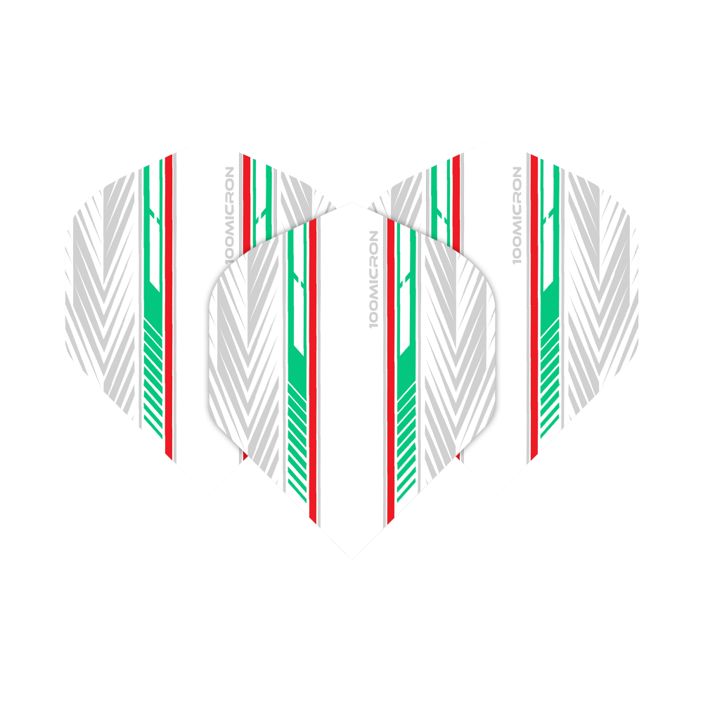 Letky pro pětiboj bílé/zelené/červené Das Bild zeigt die "Pentathlon White Green Red No2 Standard Flights" für Dartpfeile. Die Flights sind weiß mit auffälligen grünen, roten und silbernen Streifen gestaltet.