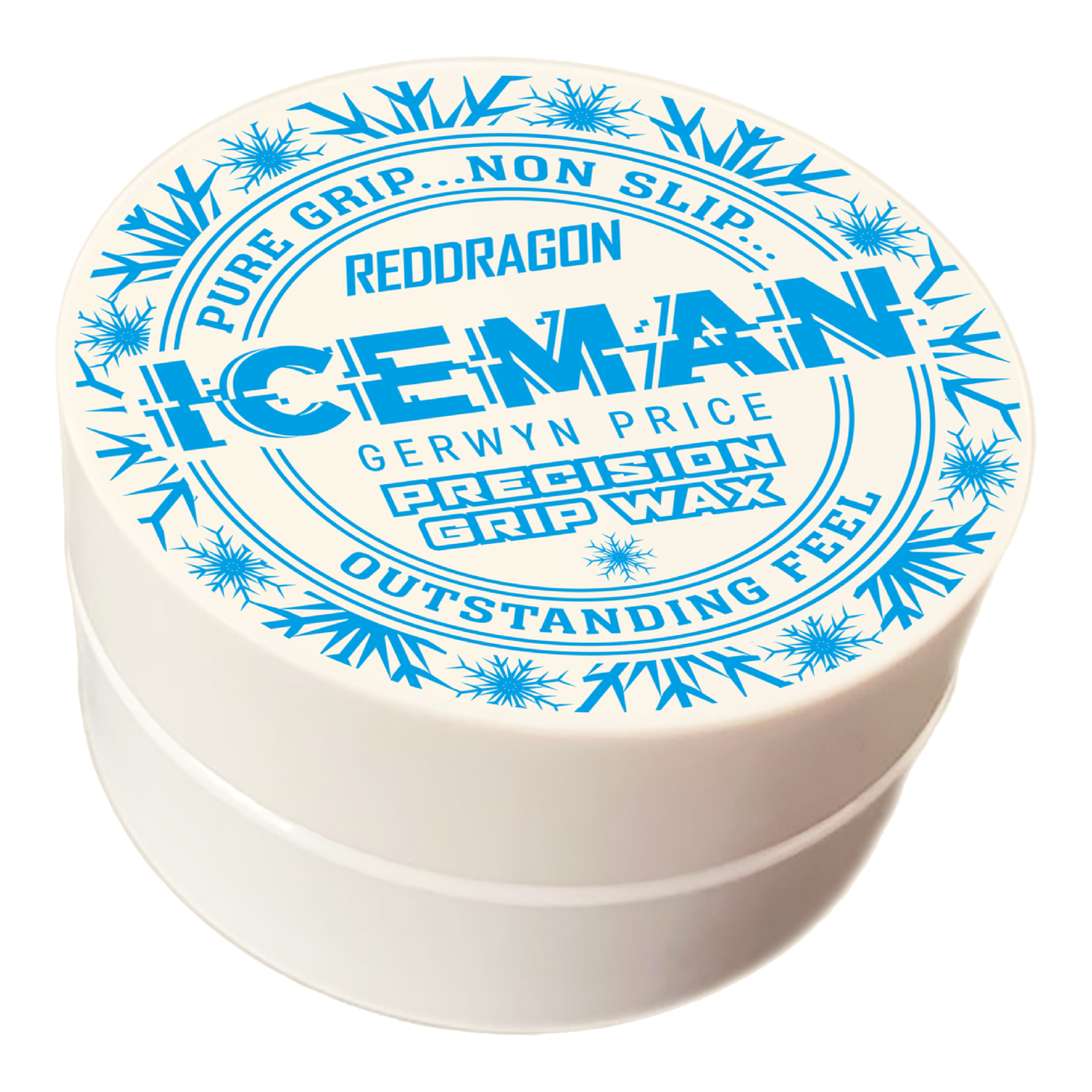 Das Bild zeigt eine weiße Dose mit der Aufschrift „Red Dragon Gerwyn Price Iceman Precision Grip Wax“. Auf dem Deckel sind blaue Schneeflocken und Werbeslogans wie „Pure Grip… Non Slip… Outstanding Feel“ abgebildet.