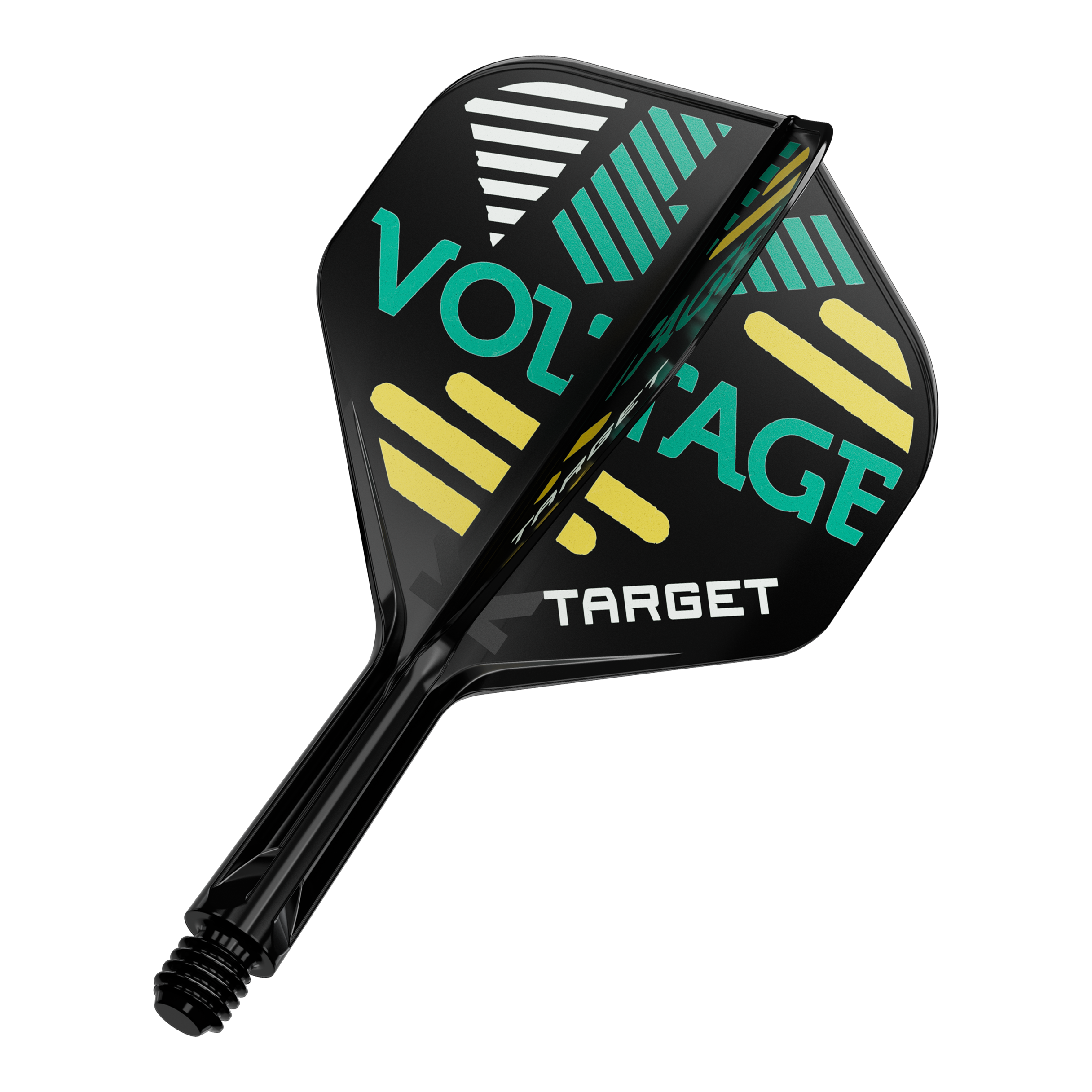 Systém standardní letové hřídele Target K-Flex Rob Cross No2 Das Bild zeigt ein Dartflight- und Shafts-Set in Schwarz mit bunten grafischen Elementen und der Aufschrift „VOLTAGE“ sowie „TARGET“. Das Design besteht aus gelben, grünen und weißen Streifen auf den Flügeln des Flights.