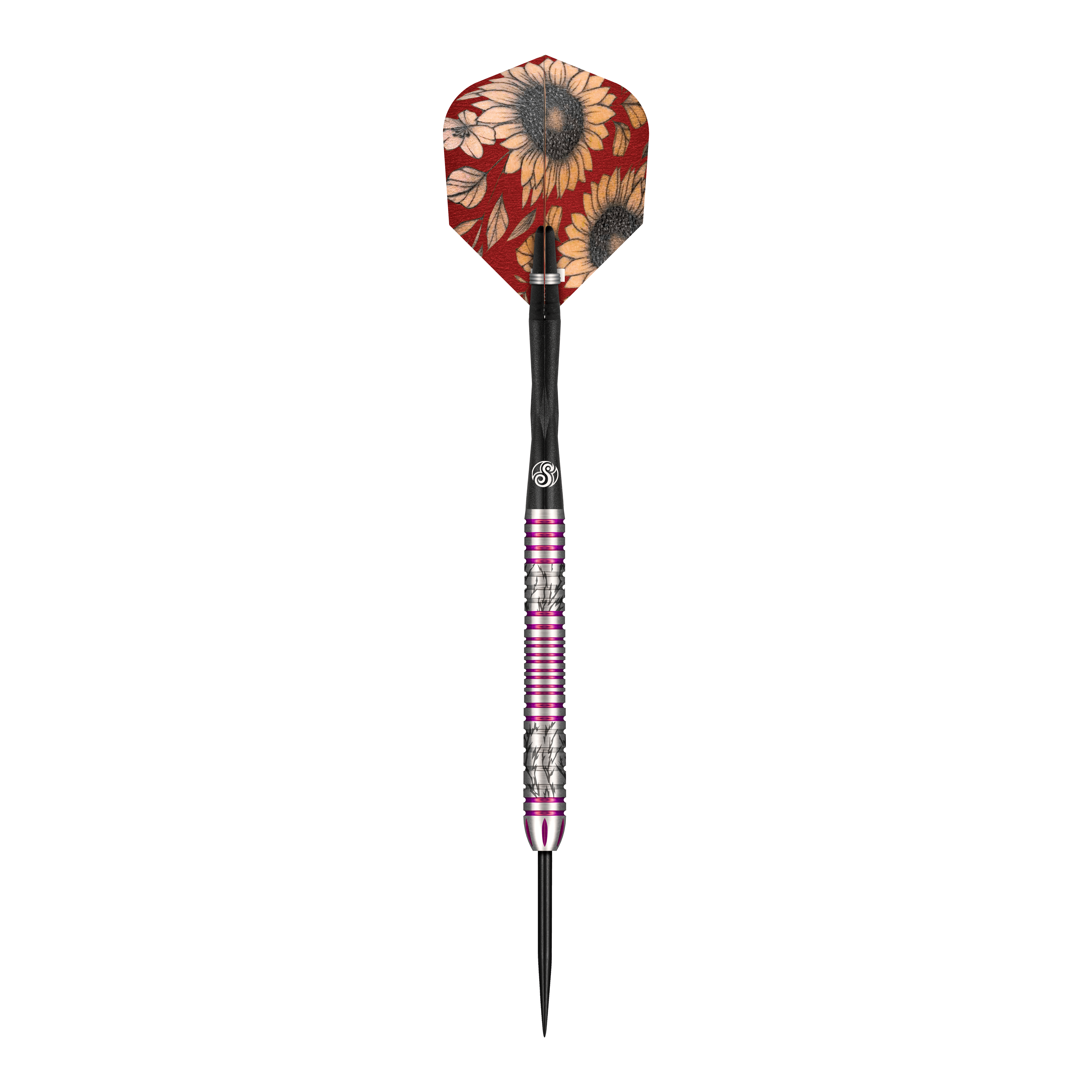 Shot Pro Series Barbora Hospodářská 2 Steeldarts - 23g Das Bild zeigt einen Steeldartpfeil der Marke Shot Pro Series Barora Hospodarska mit einem Gewicht von 23 Gramm. Der Dartpfeil hat eine bunte Flights mit Sonnenblumenmuster und einen silbernen Schaft mit pinkfarbenen Ringen.