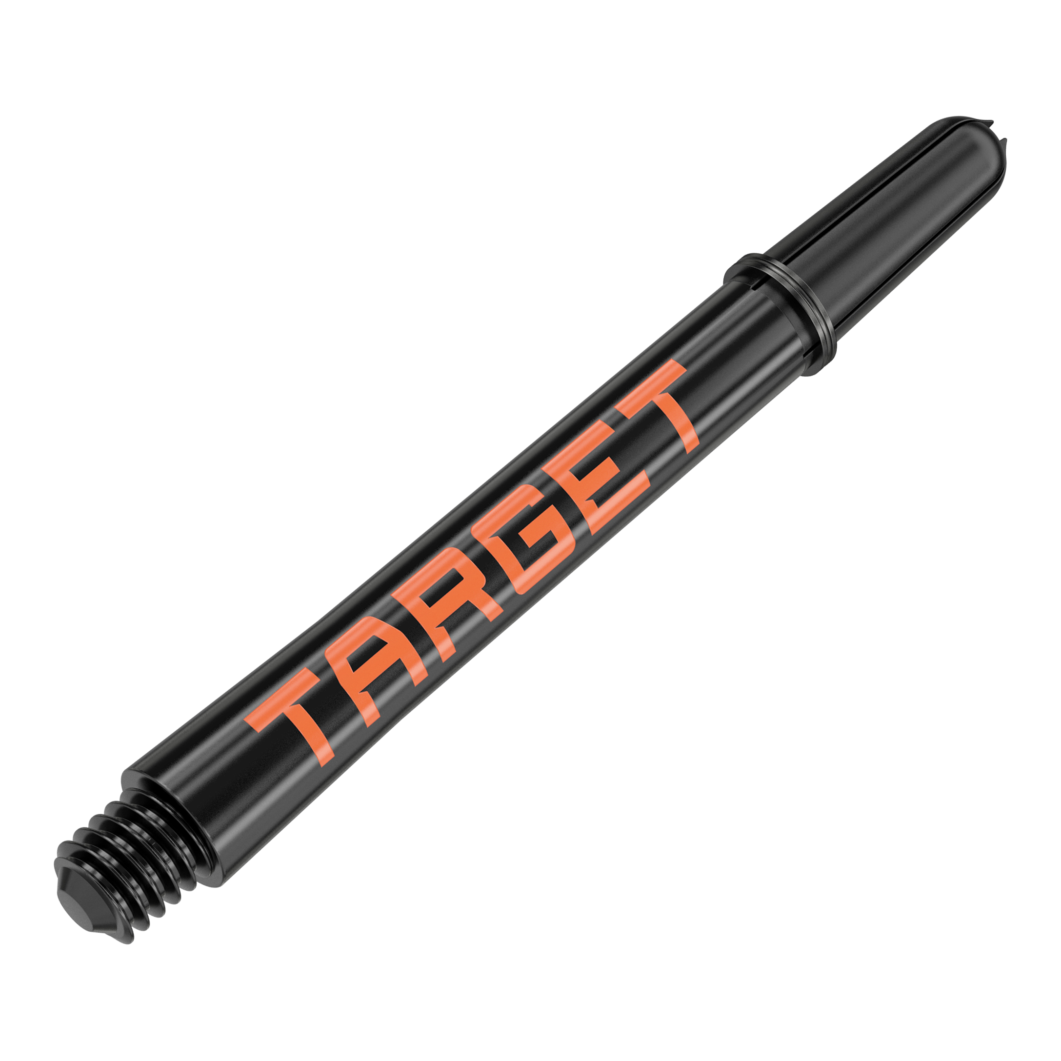 Násadky Target Pro Grip TAG - 3 sady - černo-oranžové Das Bild zeigt einen schwarzen Dart-Schaft mit orangener Aufschrift "TARGET". Der Schaft hat eine Länge von 48 mm und ist für den Dartsport geeignet.