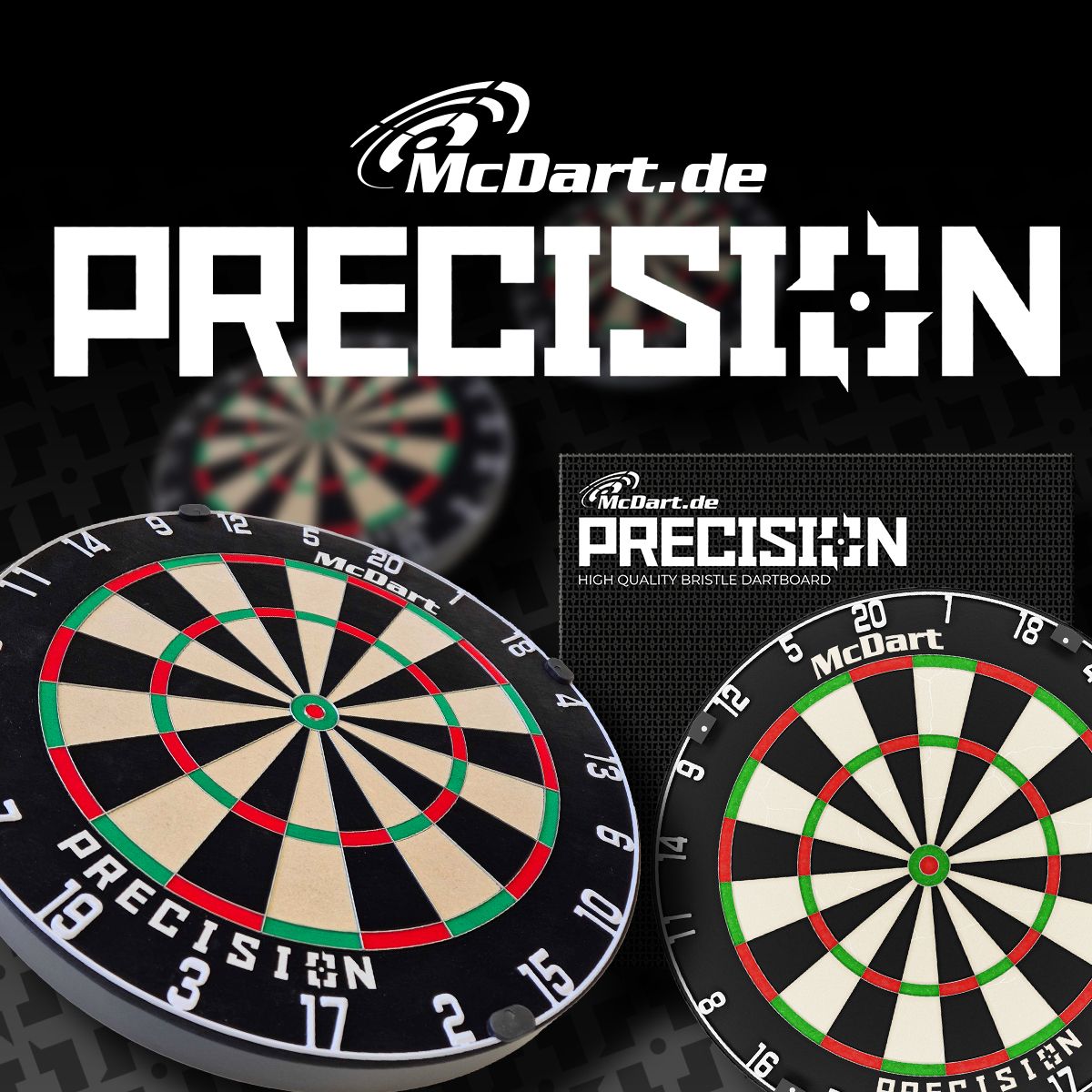 Ocelový terč McDart Precision Das Bild zeigt das Produkt „McDart Precision Steeldartboard“ mit mehreren abgebildeten Dartboards. Im Hintergrund ist der Markenname und das Wort „PRECISION“ groß angezeigt.