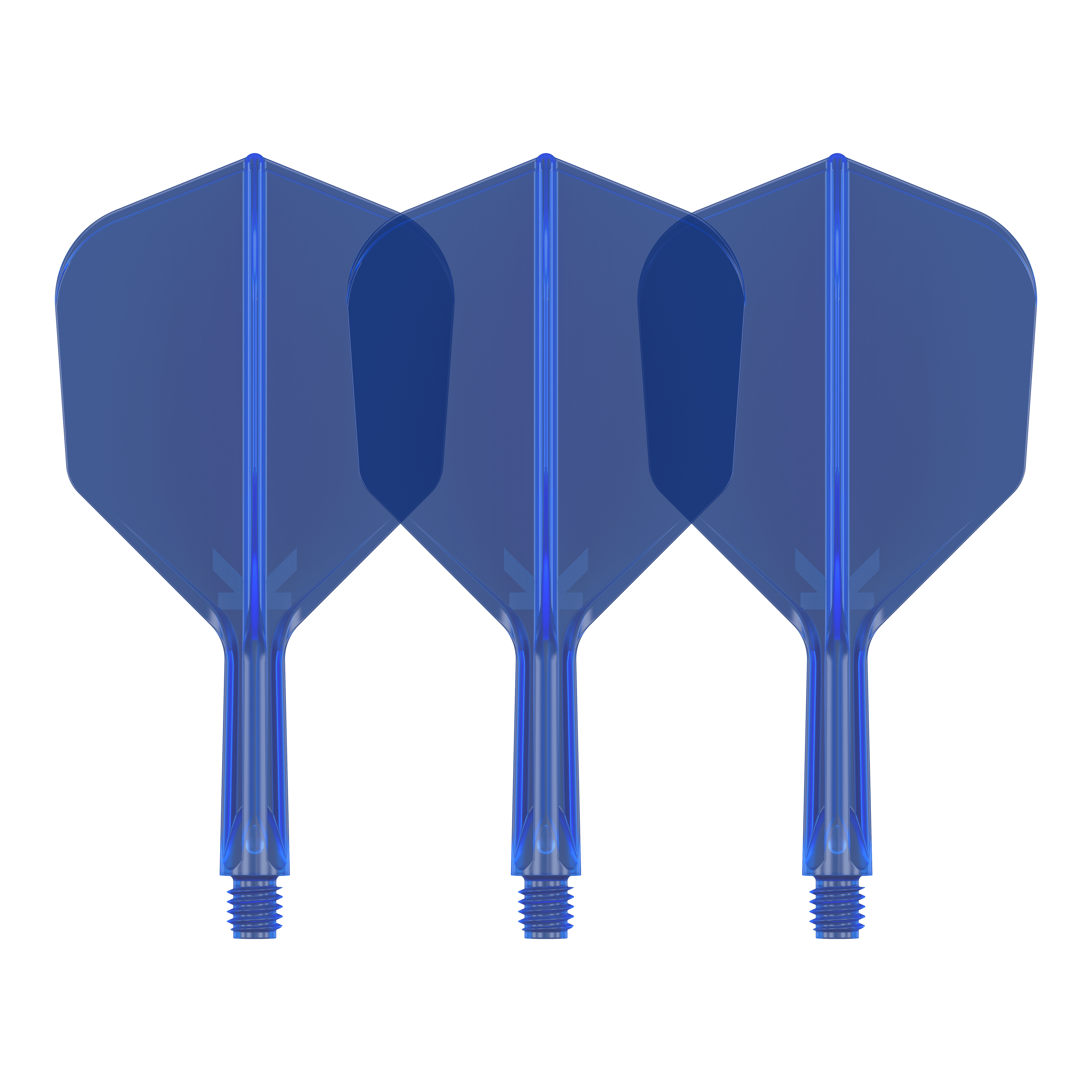 Letový systém Target K-Flex No6 - modrý Auf dem Bild sind drei blaue Dartflights zu sehen. Sie stehen nebeneinander und haben eine sechseckige Form.