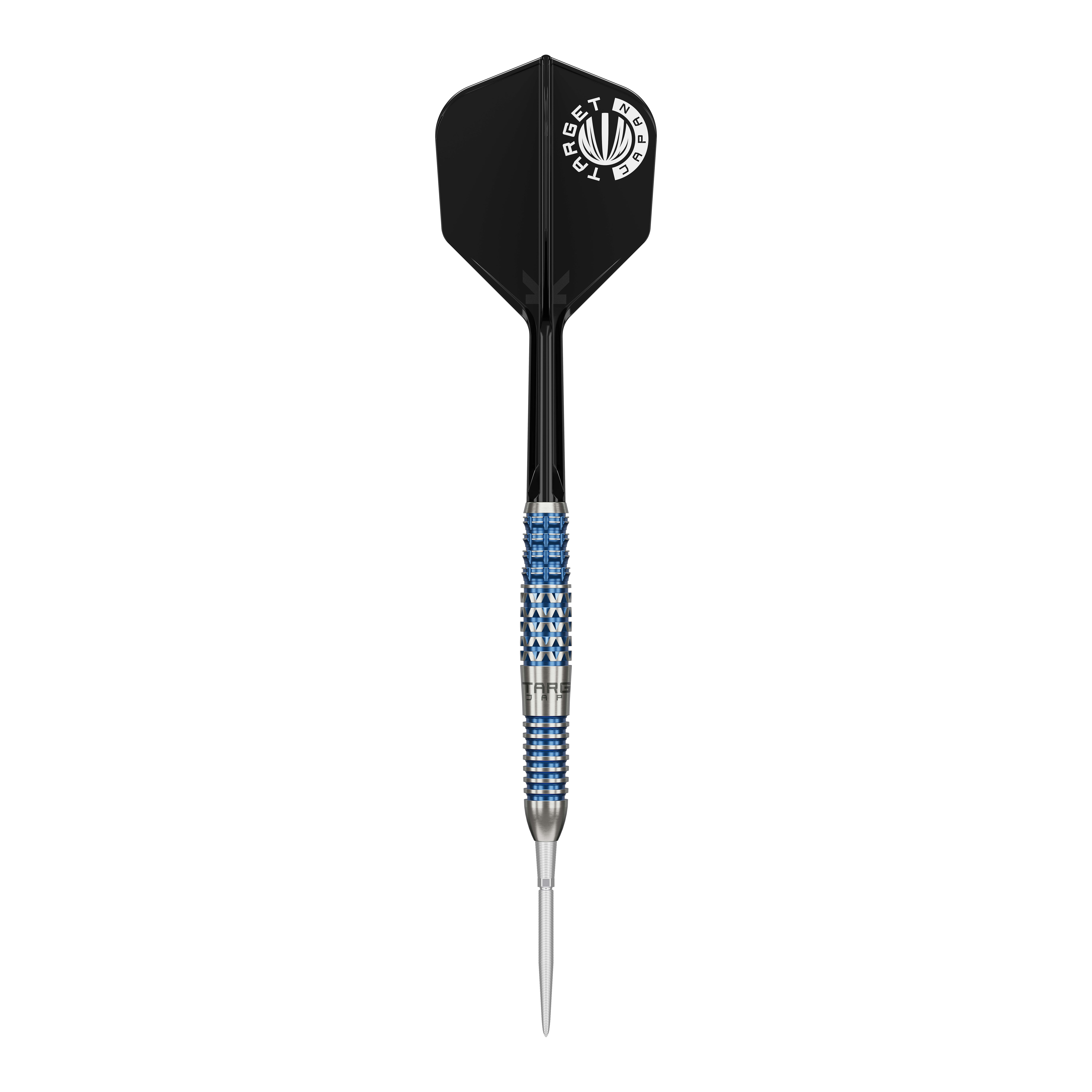 Das Bild zeigt einen Target Japan Toru Suzuki Sereno GEN2 Swiss Point Steeldart. Der Dart hat eine schwarze Flight, einen silber-blauen Barrel und eine spitze Metallspitze.