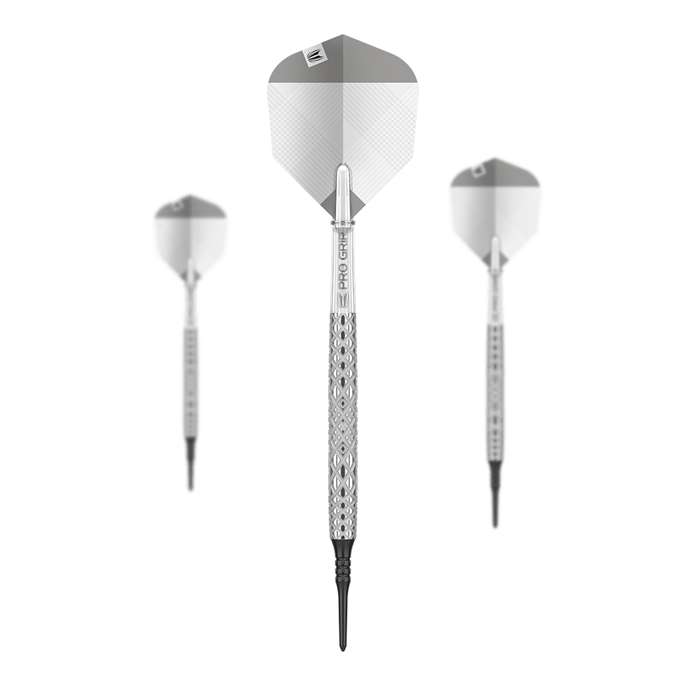 Target Nastri 10 softdarts Das Bild zeigt drei silberne Softdarts der Marke "Target Nastri 10". Die Darts haben schwarze Spitzen und einen verzierten Schaft.