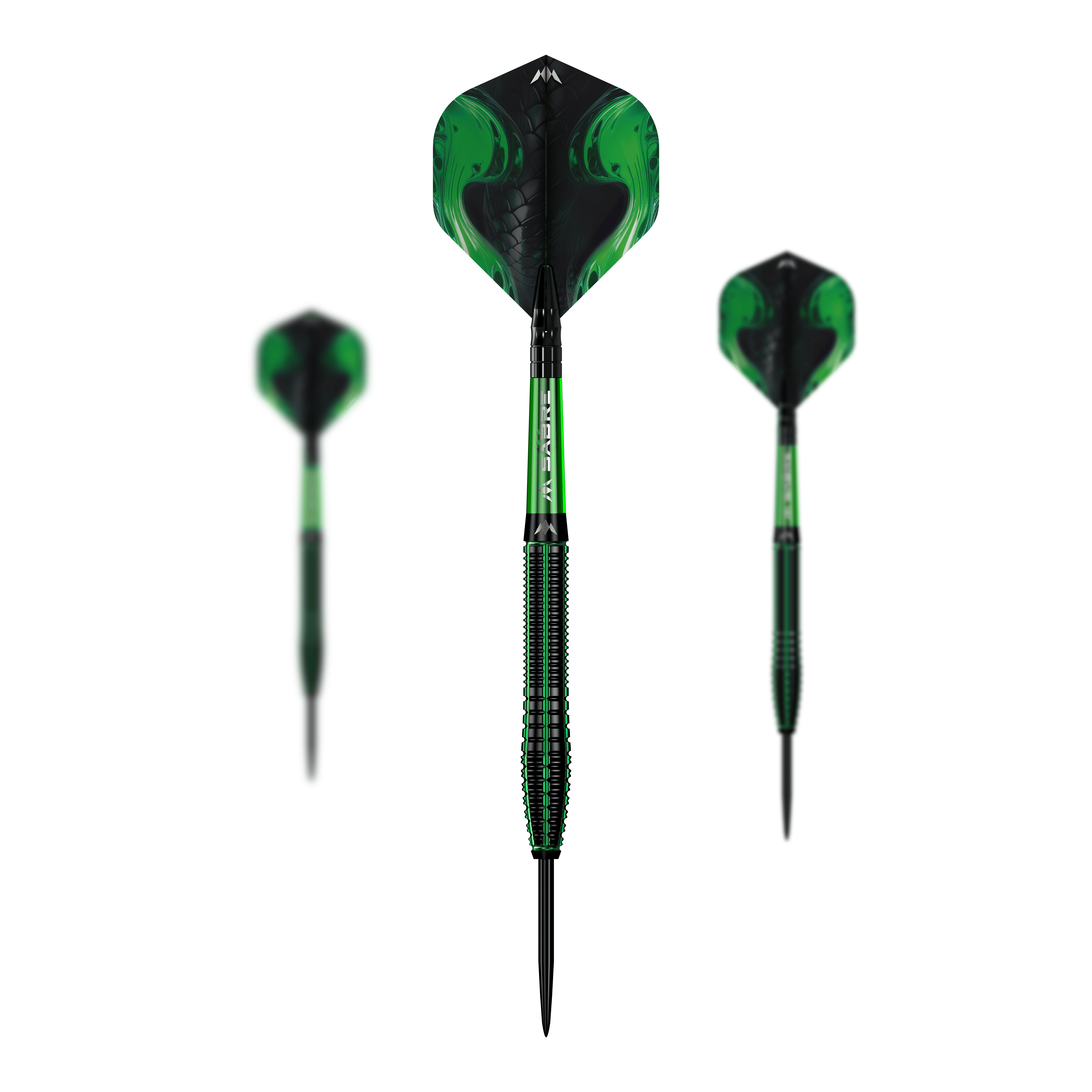 Ocelové šipky Mission Venom Das Set Mission Venom Steeldarts liegt sortiert im Bild. Das Material erscheint stabil.
