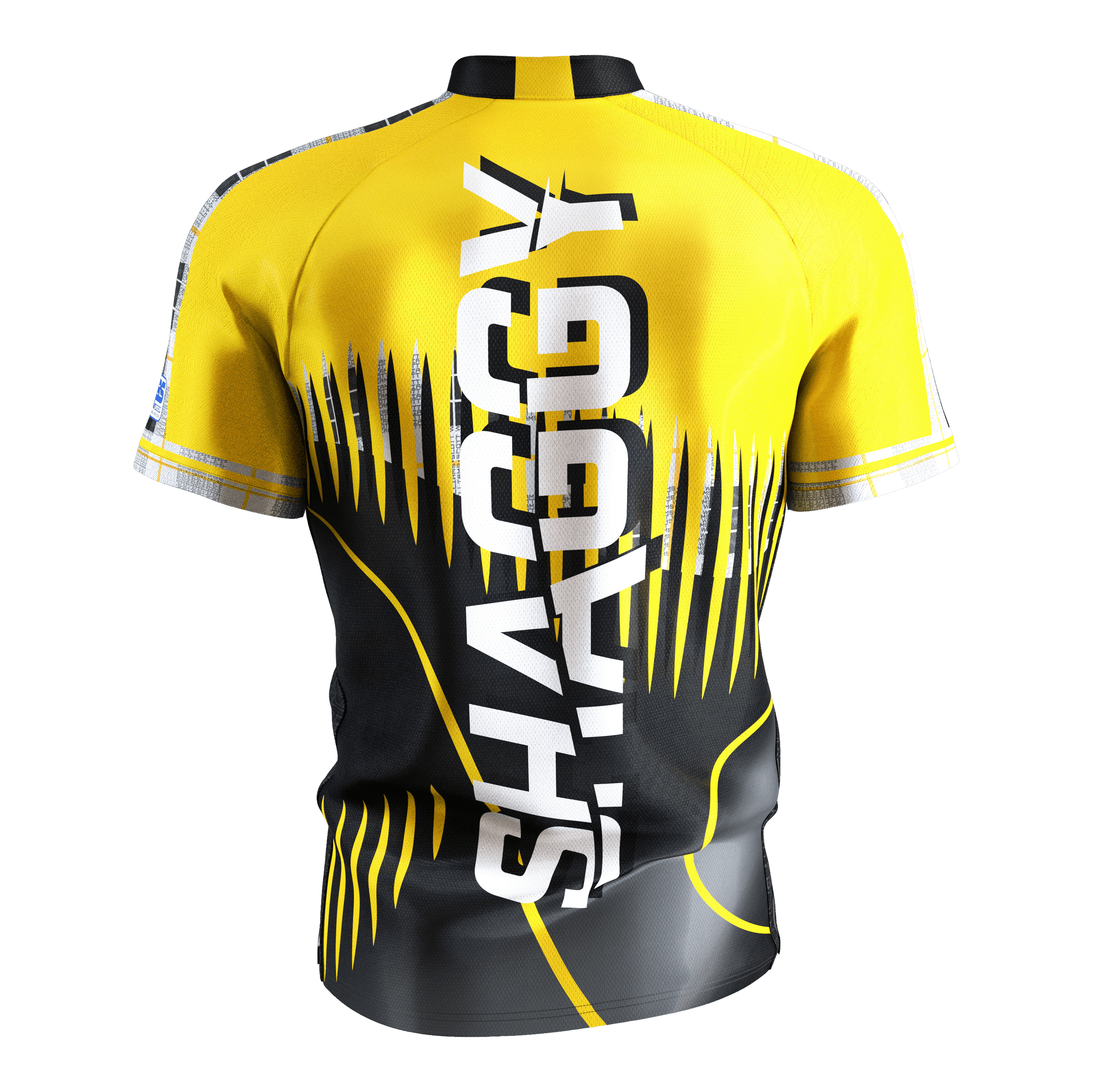 Tričko Target Coolplay Scott Williams 2025 s logem na šipky Das Bild zeigt ein gelb-schwarzes Dartshirt mit dem großen weißen Schriftzug "SHAGGY" auf der Rückseite. Das Shirt hat ein auffälliges, modernes Design mit dynamischen Linien und Mustern.