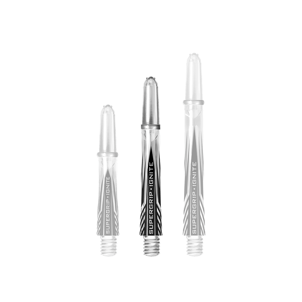 HR393_Harrows_Supergrip_Ignite_Shafts_Clear_40mm_1 Auf dem Bild sind drei klare Harrows Supergrip Ignite Shafts in verschiedenen Längen zu sehen. Die Shafts haben einen modernen schwarzen und weißen Aufdruck mit der Aufschrift "SUPERGRIP IGNITE".