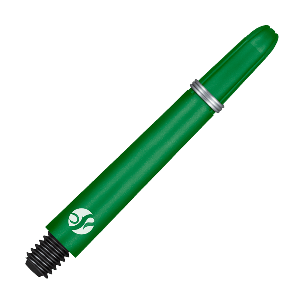 Karbonové násady Shot Koi - zelené Dies ist ein grüner Dart-Schaft mit einem Metallring und einem schwarzen Gewinde. Er hat ein weißes Logo am unteren Ende.
