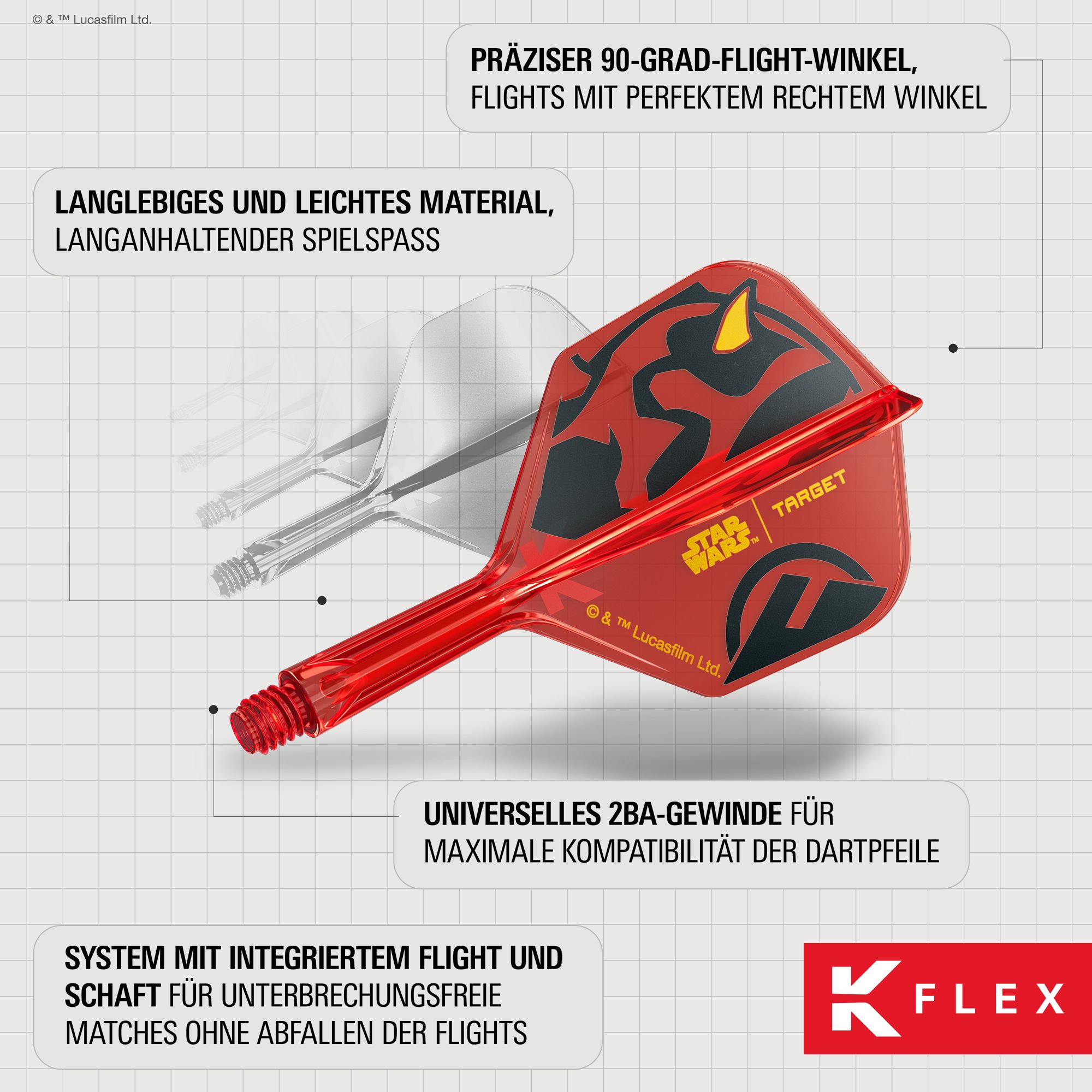 Auf dem Bild sieht man die Target Star Wars K-Flex Darth Maul No6 Flights. Die Dartflights zeigen ein Darth Maul Motiv aus dem Star Wars Universum.