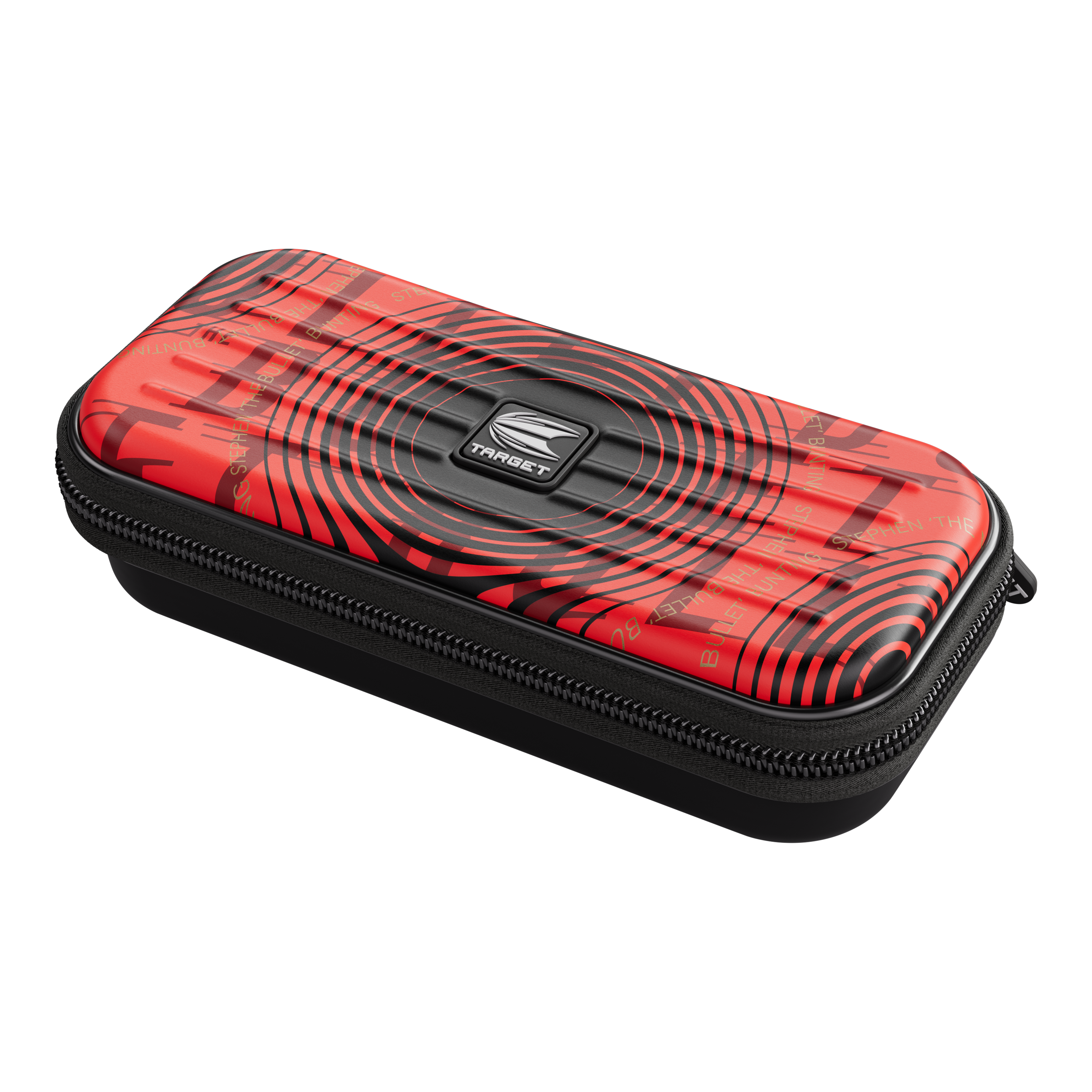 Pouzdro na šipky Target Takoma Stephen Bunting Das Bild zeigt das Produkt "Target Takoma Stephen Bunting Dartcase". Das Etui ist rot mit schwarzen Kreisen und hat einen Reißverschluss.