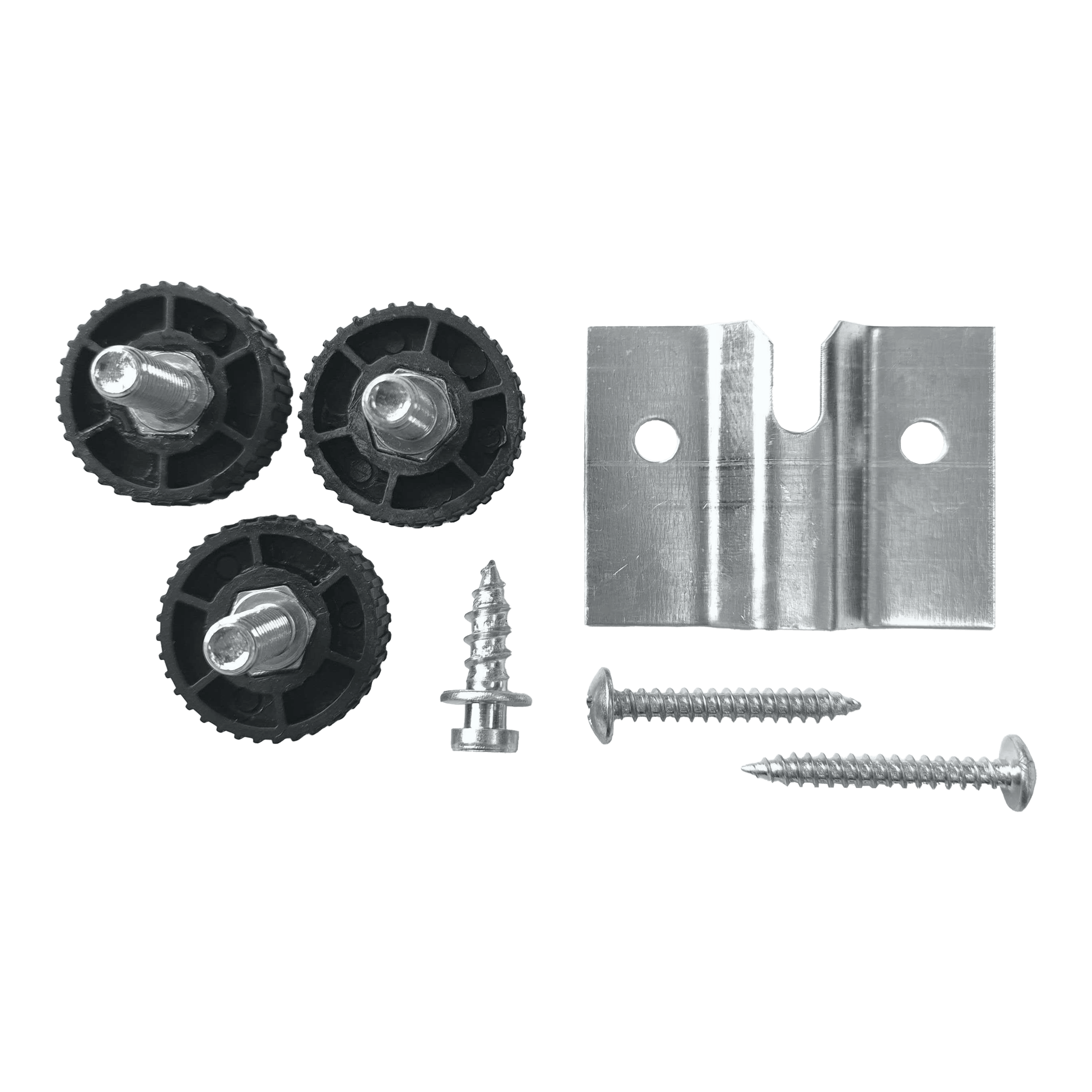 Nástěnný držák Winmau Rota-Lock Blade 6 Das Bild zeigt das Winmau Rota-Lock Blade 6 Wandhalterungs-Set mit drei schwarzen Einstellrädern, einer Metallhalterung und Schrauben. Diese Teile werden verwendet, um ein Dartboard sicher an der Wand zu befestigen.