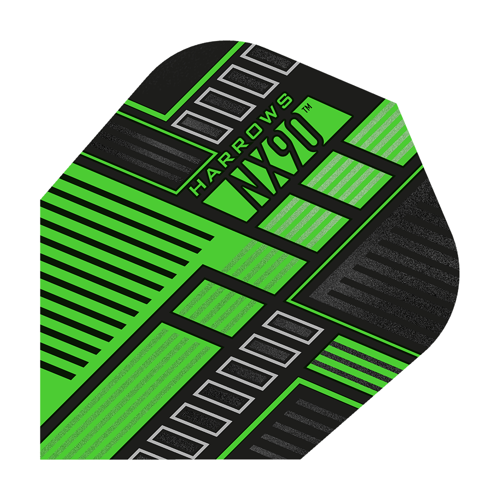 HR49_Harrows_Prime_NX90_Green_No6_Flights_1ro0TifX8aStsG Harrows Prime NX90 Flights gruppiert abgebildet. Die Details der Flights sind betont dargestellt.