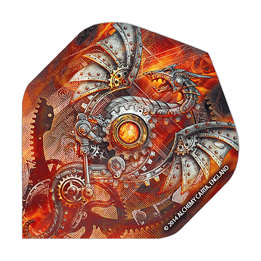 Standardní lety Alchemy Tech Dragon No2 Das Bild zeigt ein Dartflight mit einem mechanischen Drachen-Design in Steampunk-Optik. Die Farben sind überwiegend orange und silber, mit vielen Zahnrädern und Metallstrukturen.