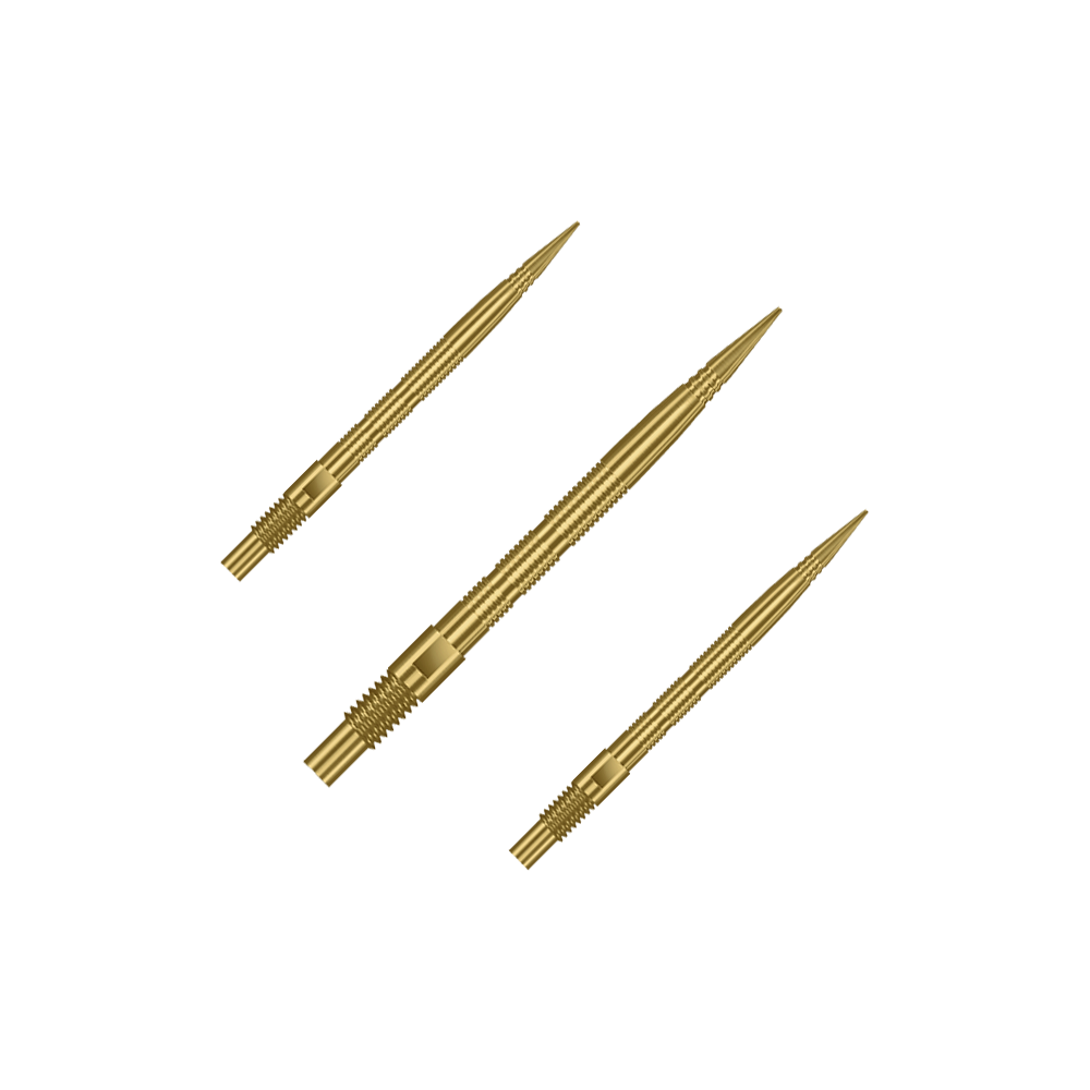 Špičky na šipky Harrows Quick Point Micro Ridge - zlaté Das Bild zeigt mehrere goldene Dartspitzen. Die Spitzen sind wahrscheinlich vom Typ Harrows Quick Point MicroRidge, 26mm lang.