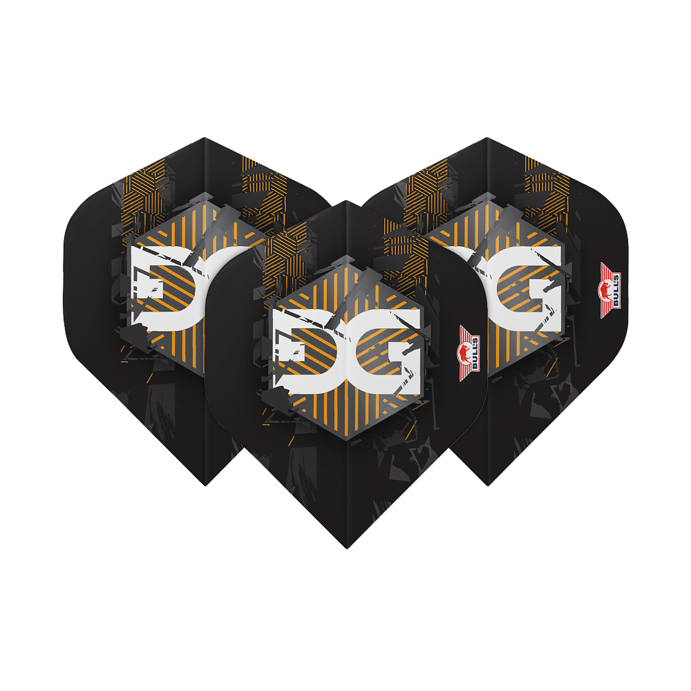 BU50920_BullsNL_Player_100_Martijn_Kleermaker_90_No2_Standard_Flights_1nVEL5fDJXBSTz Das Bild zeigt drei schwarze Dart Flights mit gelben und weißen grafischen Elementen. Auf jedem Flight ist das Logo von Bulls und der Name "Martijn Kleermaker" zu sehen.