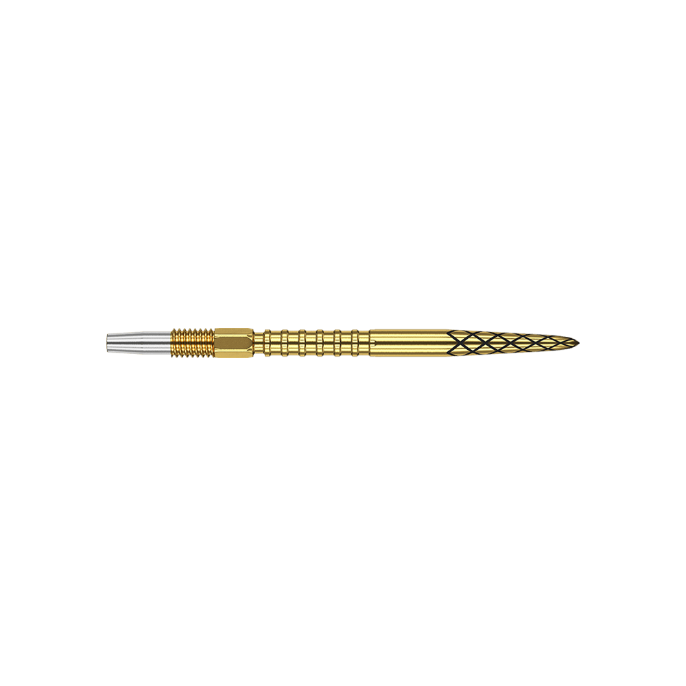 Target Swiss DS Surge Point Dart Tips – zlaté Das Bild zeigt eine goldfarbene Dartspitze mit einem feinen Rautenmuster. Der hintere Teil der Spitze ist silberfarben und geriffelt.