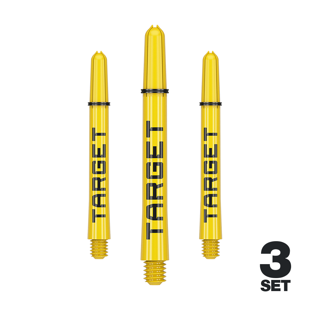 Násadky Target Pro Grip TAG - 3 sady - žluté Auf dem Bild sind drei gelbe Dartschäfte der Marke Target zu sehen. Unten rechts steht "3 Set", was auf ein Set aus drei Teilen hinweist.
