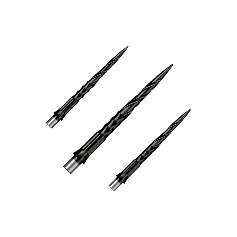 Ocelové hroty na šipky Caliburn System - Spiro - Bez rtu - Černé Zu sehen ist ein Set von Caliburn Evo System Steeldartspitzen Spiro NoLip Black, 28 mm. Die Spitzen eignen sich für professionelle Steeldartspiele.