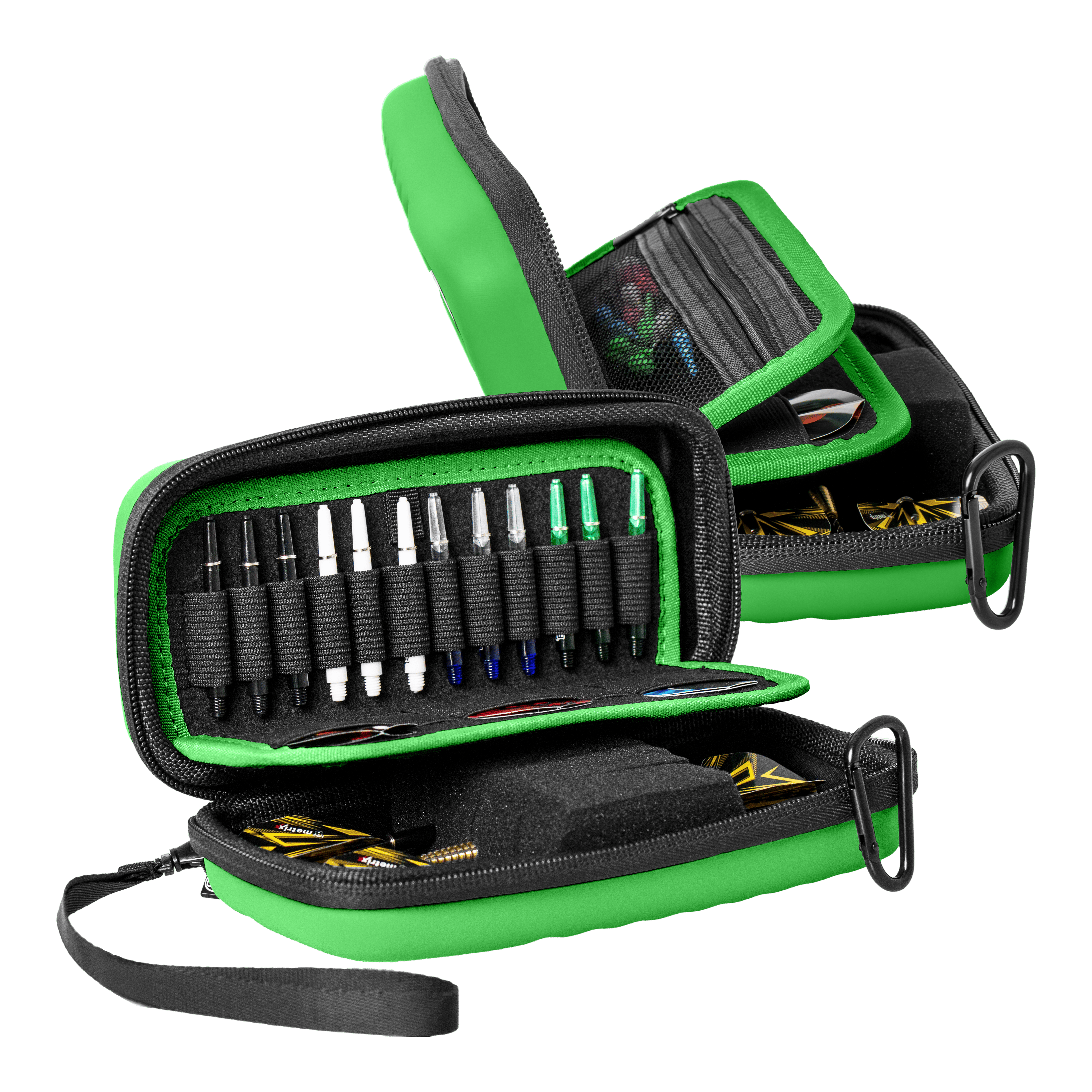 Das Bild zeigt das Bulls Orbis S Dartcase in der Farbe Grün. Die Tasche bietet ein sicheres Fach für Darts und Zubehör.