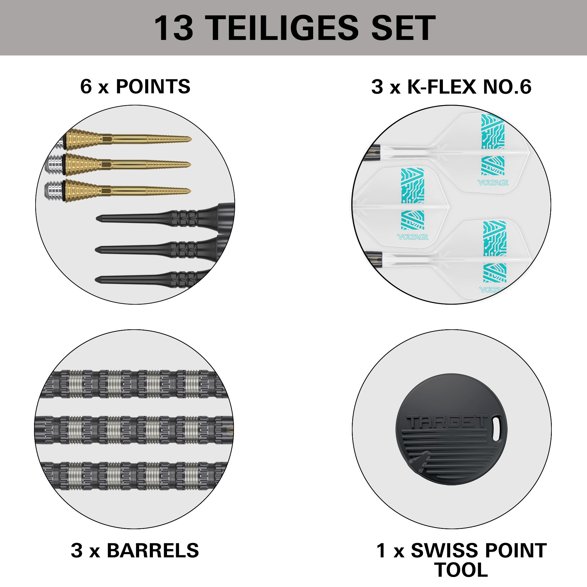 Šipky Target Rob Cross 95K Swiss Point Soft - 18g Dieses Bild zeigt den Lieferumfang des "Target Rob Cross 95K Swiss Point Softdarts - 18g" Sets. Enthalten sind 6 Spitzen, 3 Flights, 3 Barrels und 1 Swiss Point Tool.