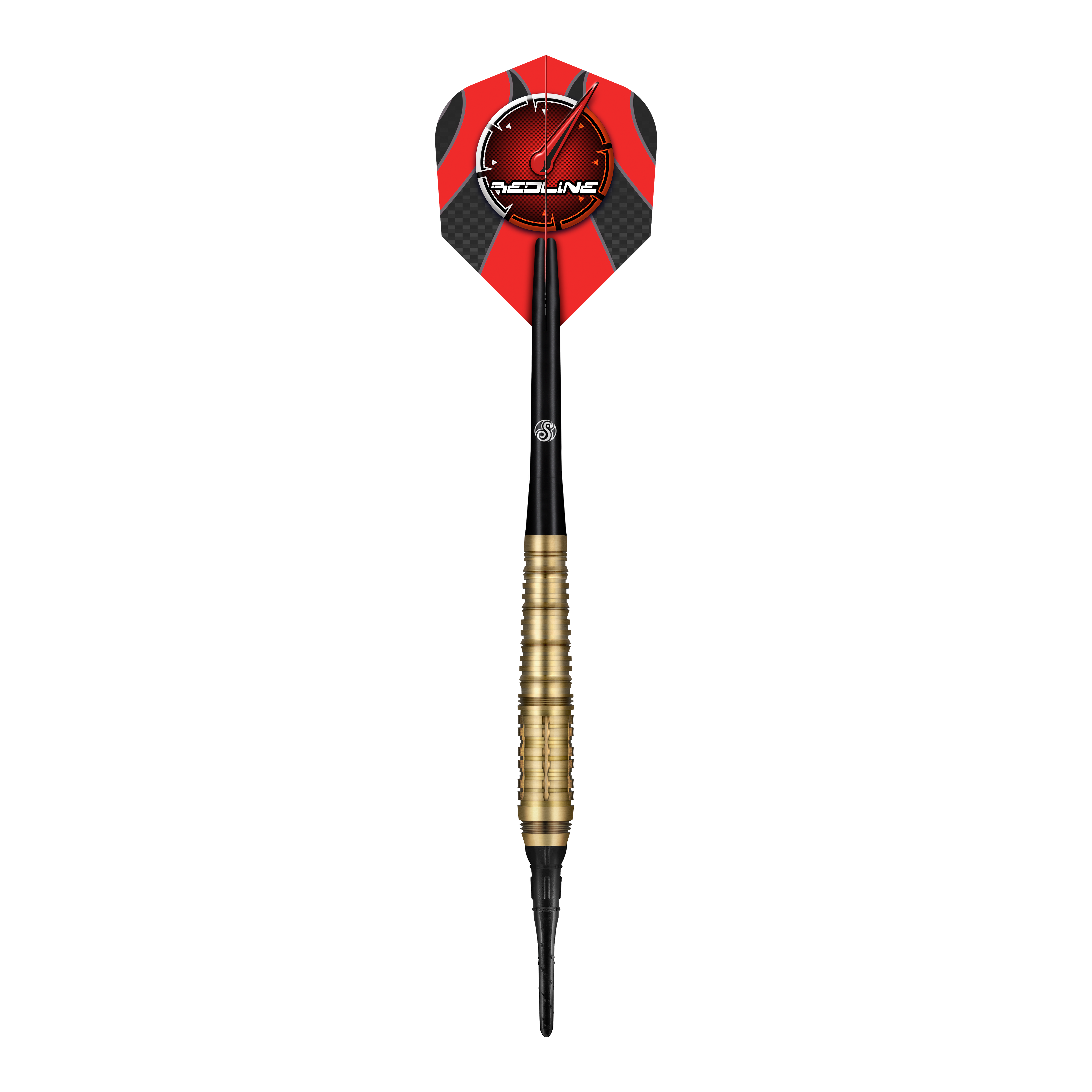 Měkké šipky Shot Redline Mach 1 - 20g Das Bild zeigt einen Shot Redline Mach 1 Softdart mit einem Gewicht von 20g. Der Dart hat einen goldenen Griffbereich, einen schwarzen Schaft und eine rote Flights mit dem Redline-Logo.