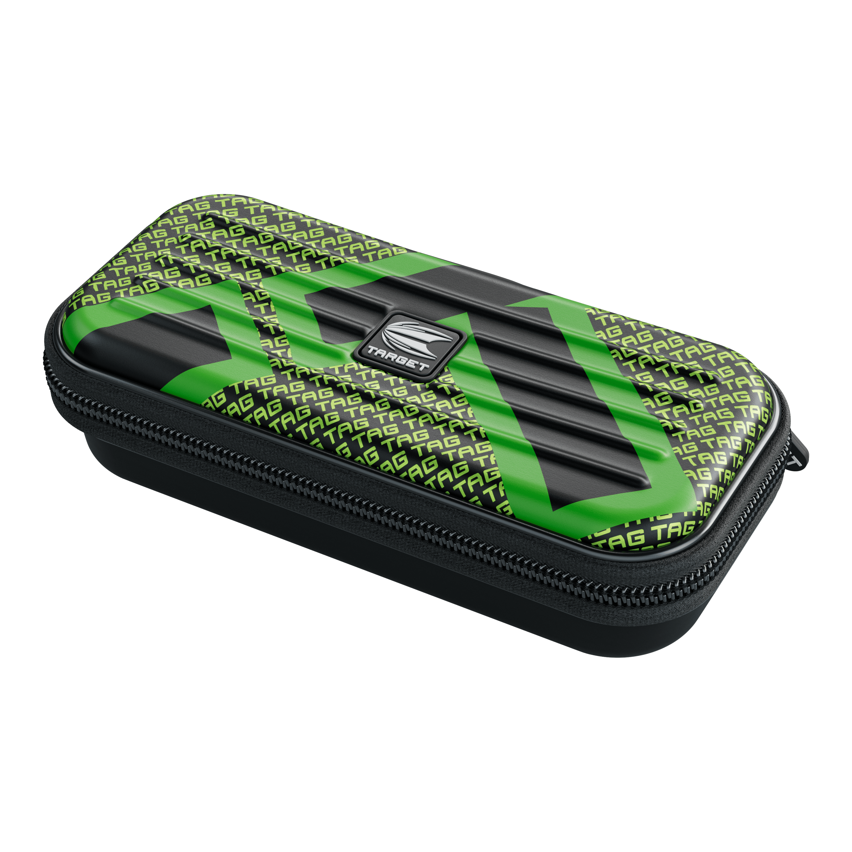Pouzdro na šipky Target Takoma TAG Das Bild zeigt ein rechteckiges Etui mit Reißverschluss, das vorwiegend schwarz und grün ist. Auf dem Etui steht mehrfach das Wort "TAG" und in der Mitte befindet sich ein silbernes "TARGET"-Logo.