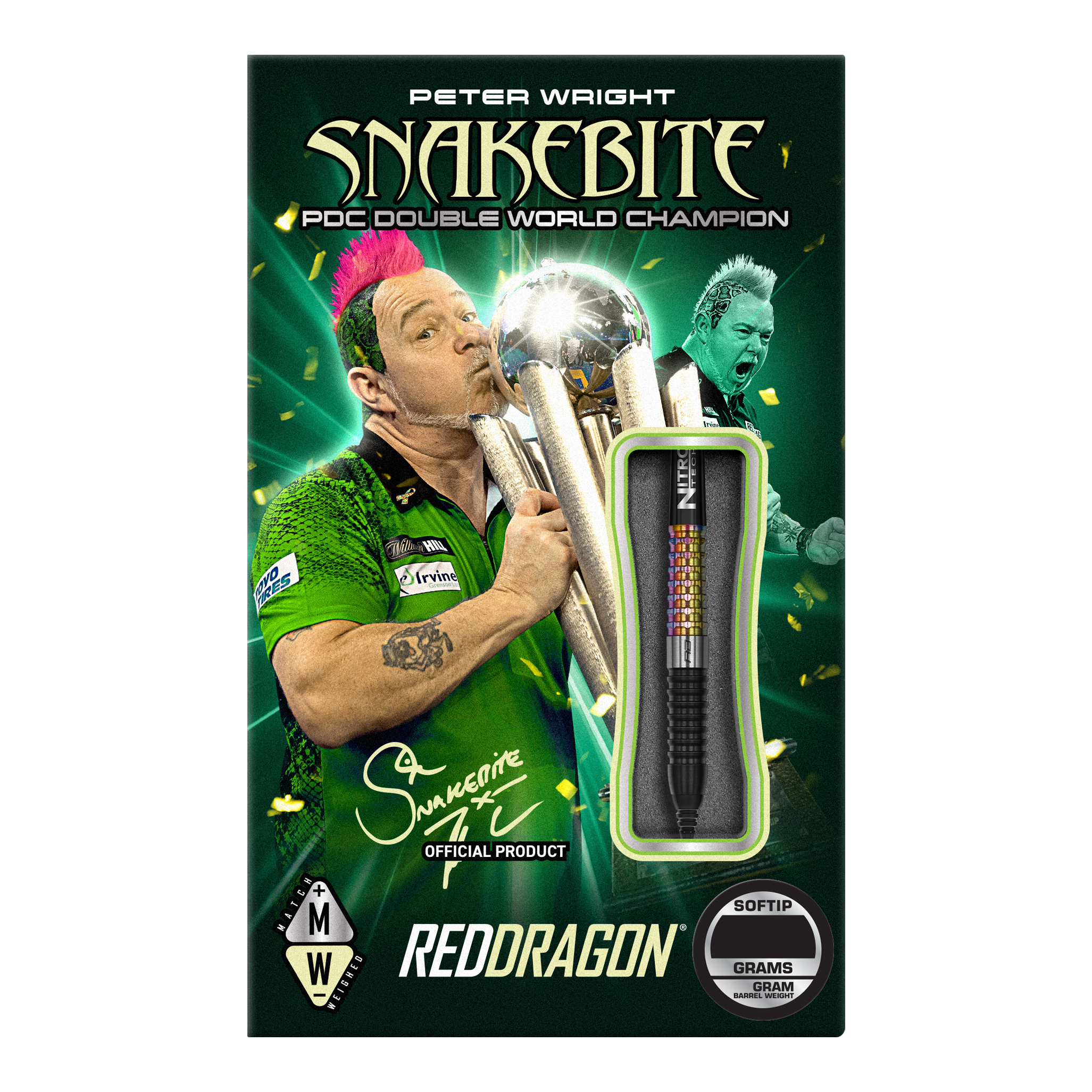 Red Dragon Peter Wright Corra Softdarts - 18g Auf der Verpackung ist der Dartspieler Peter Wright mit einer Trophäe abgebildet. Das Produkt sind die "Red Dragon Peter Wright Corra Softdarts - 18g" mit Softspitze.