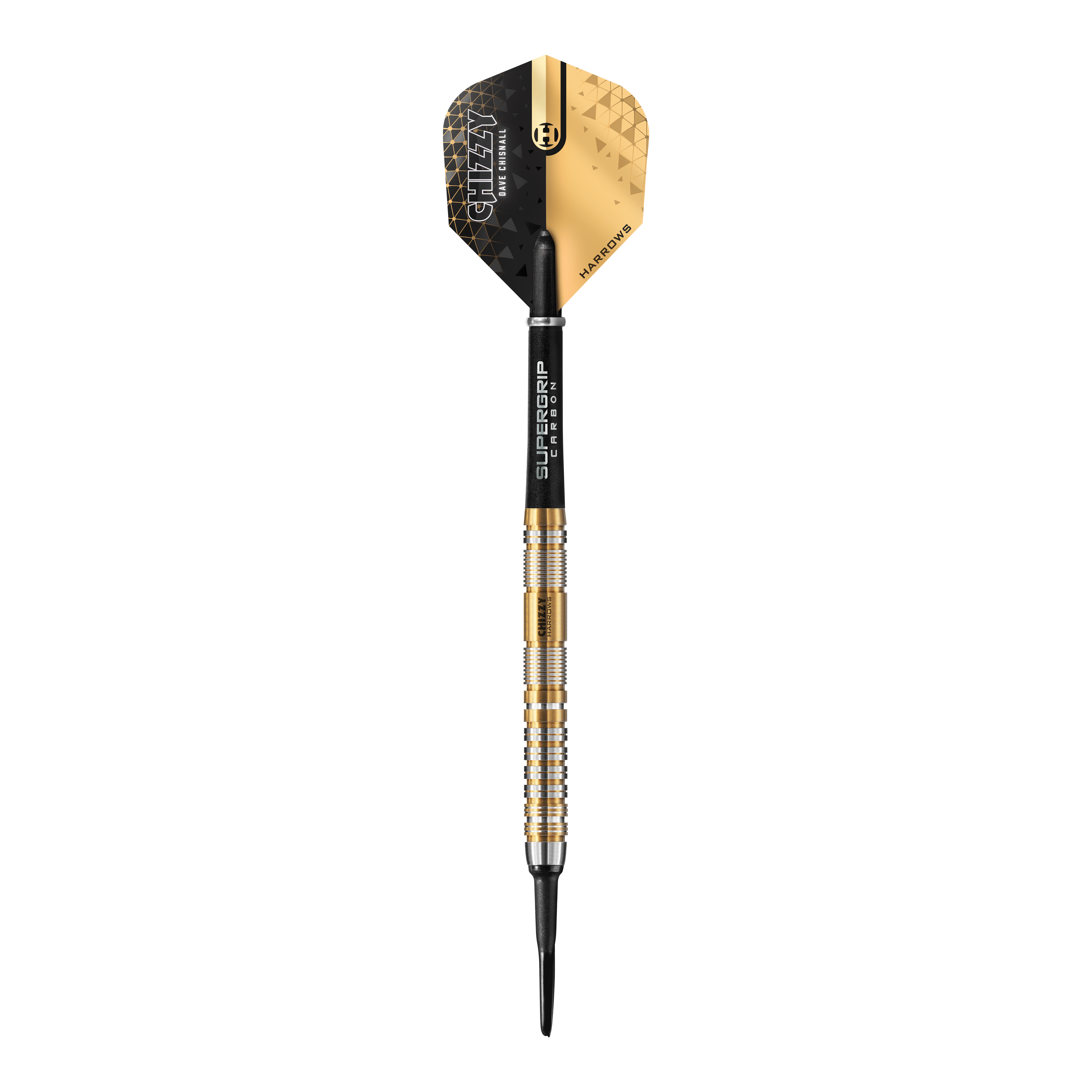 Měkké šipky Harrow's Dave Chisnall Chizzy Series 2 Das Bild zeigt einen Harrows Dave Chisnall Chizzy Series 2 Softdart. Der Dart hat ein modernes schwarzes und goldenes Design mit silbernen und goldenen Ringen am Barrel.