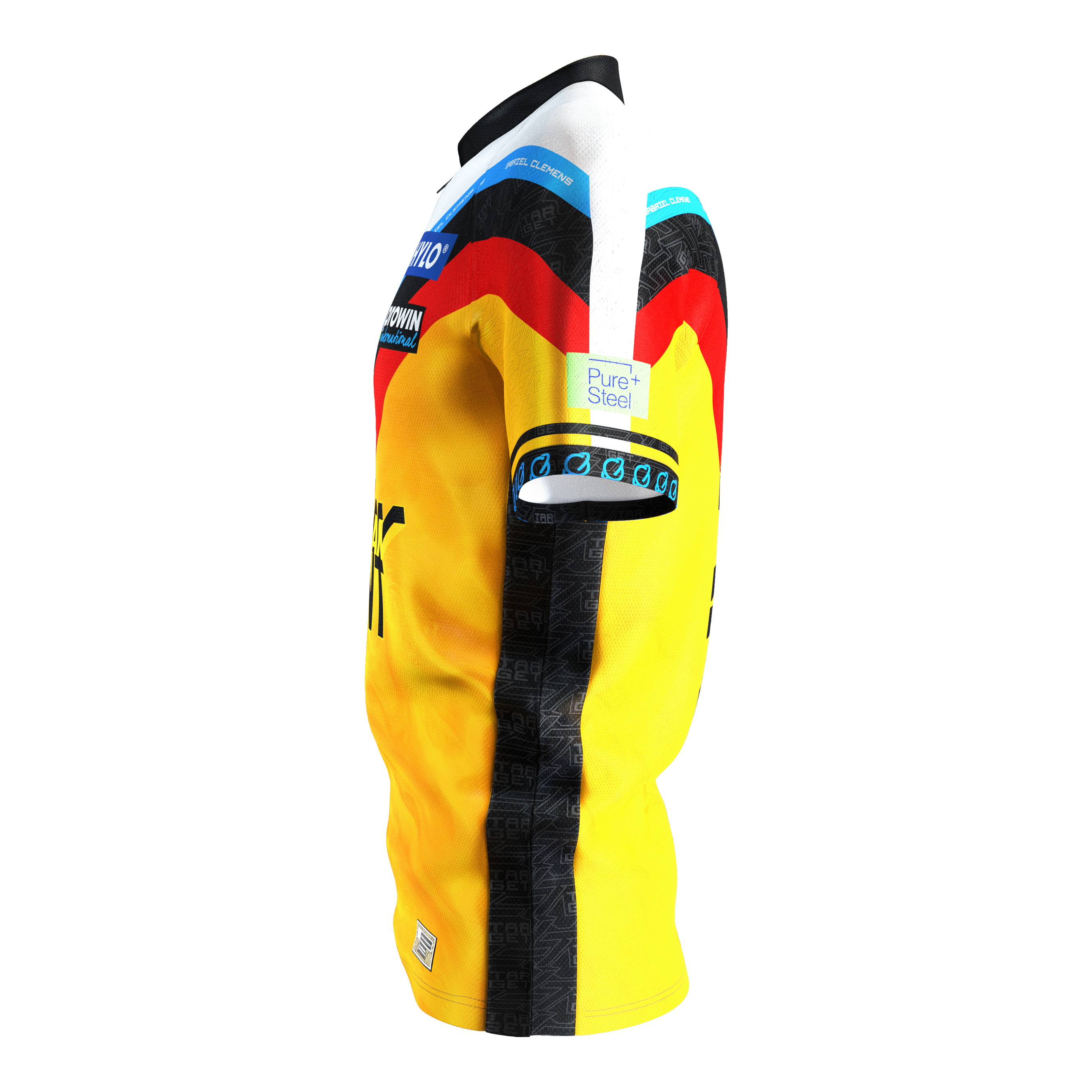 Tričko Target Coolplay Gabriel Clemens 2025 s nápisem "dap" Das Bild zeigt das Target Coolplay Gabriel Clemens 2025 Dartshirt. Das Shirt ist überwiegend gelb mit schwarzen und roten Akzenten sowie Sponsorenlogos.