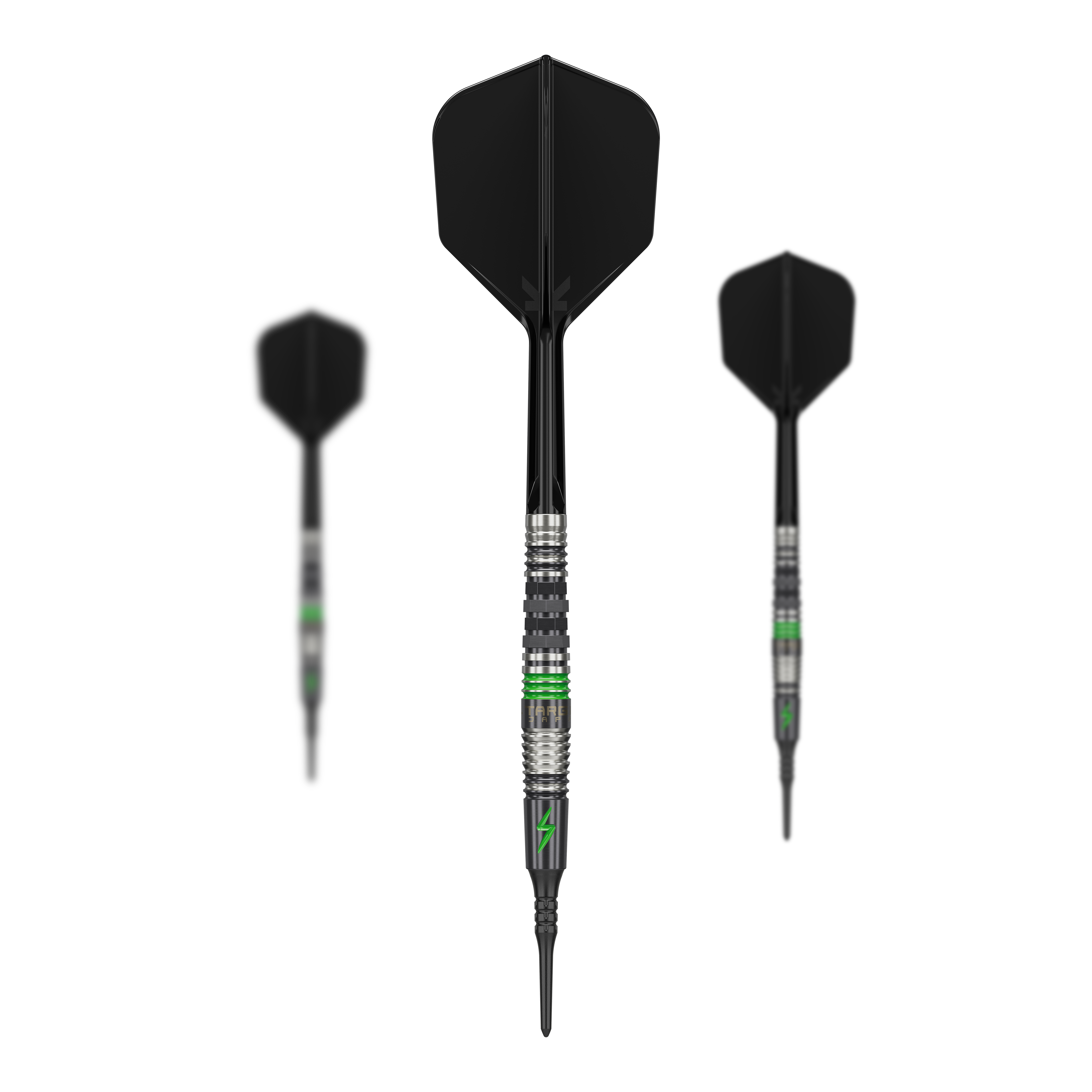 Das Bild zeigt drei Softdarts des Modells "Target Japan Black Marque Lightning 3" mit einem Gewicht von 19g. Die Darts sind schwarz-silbern mit grünen Akzenten gestaltet.