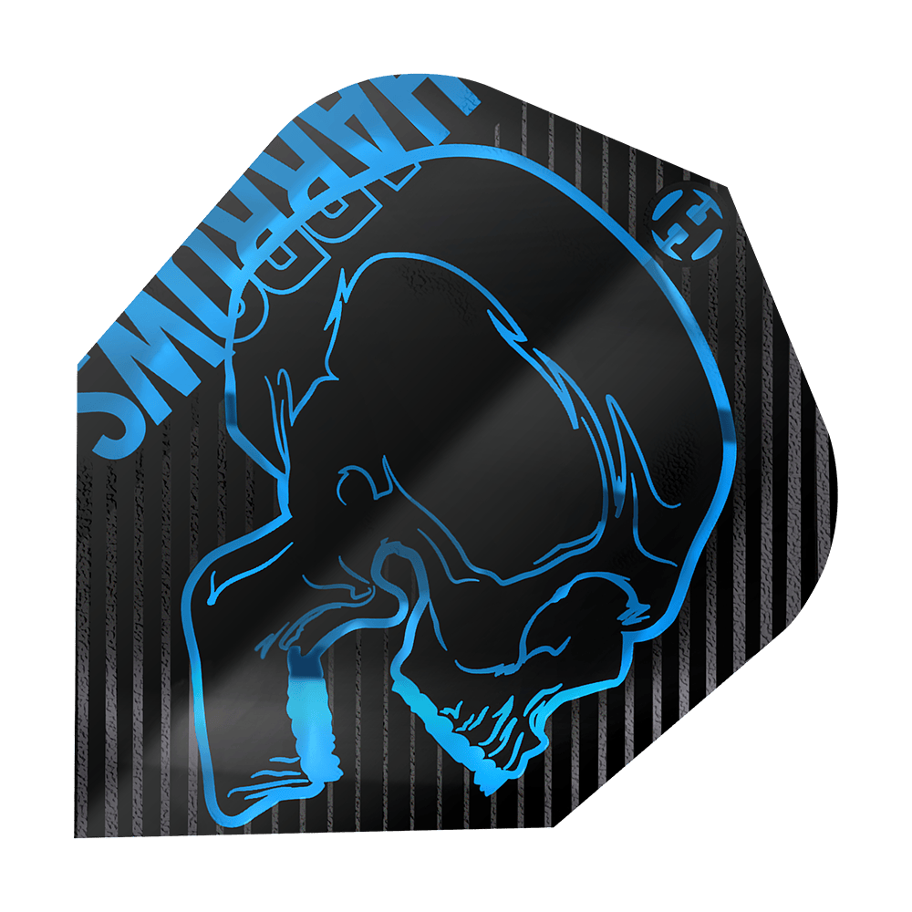 Letky Harrows Rage Aqua č. 6 Das Bild zeigt ein Dartflight mit dem Namen "Harrows Rage Aqua No6 Flights". Auf dem schwarzen Flight ist ein blauer Totenkopf und das HARROWS-Logo abgebildet.