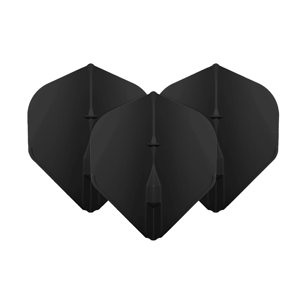 Standardní lety L-Style Champagne L1EZ Das Bild zeigt drei schwarze L-Style Champagne L1EZ Standard Flights. Diese Flights sind für Dartpfeile geeignet und haben eine klassische Standardform.