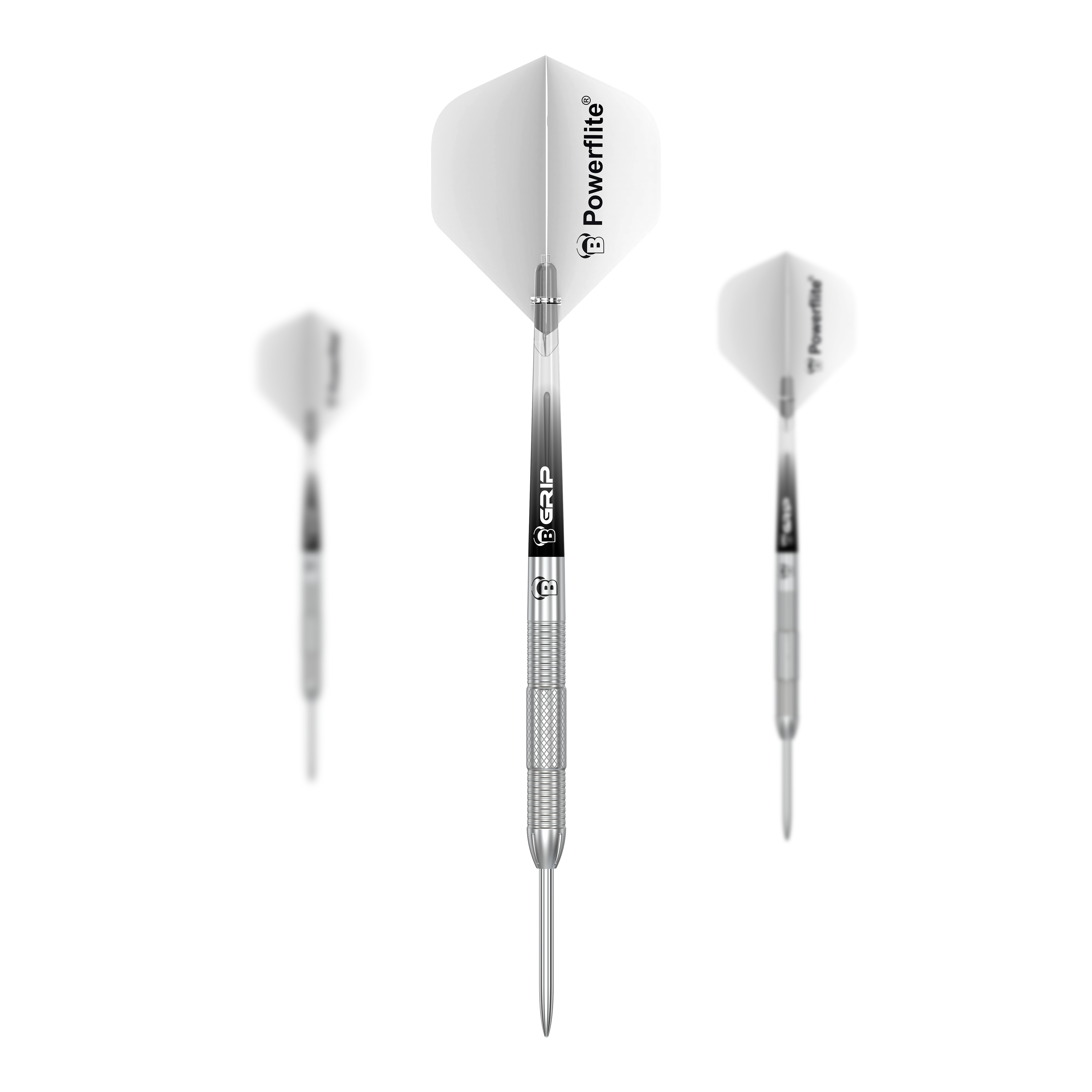 Bulls Challenger Sascha Stuhlemmer Steeldarts - 23g Das Bild zeigt drei Steeldarts des Modells "Bulls Challenger Sascha Stuhlemmer - 23g". Die Darts sind silberfarben mit weißen Flights, auf denen "Powerflite" steht.