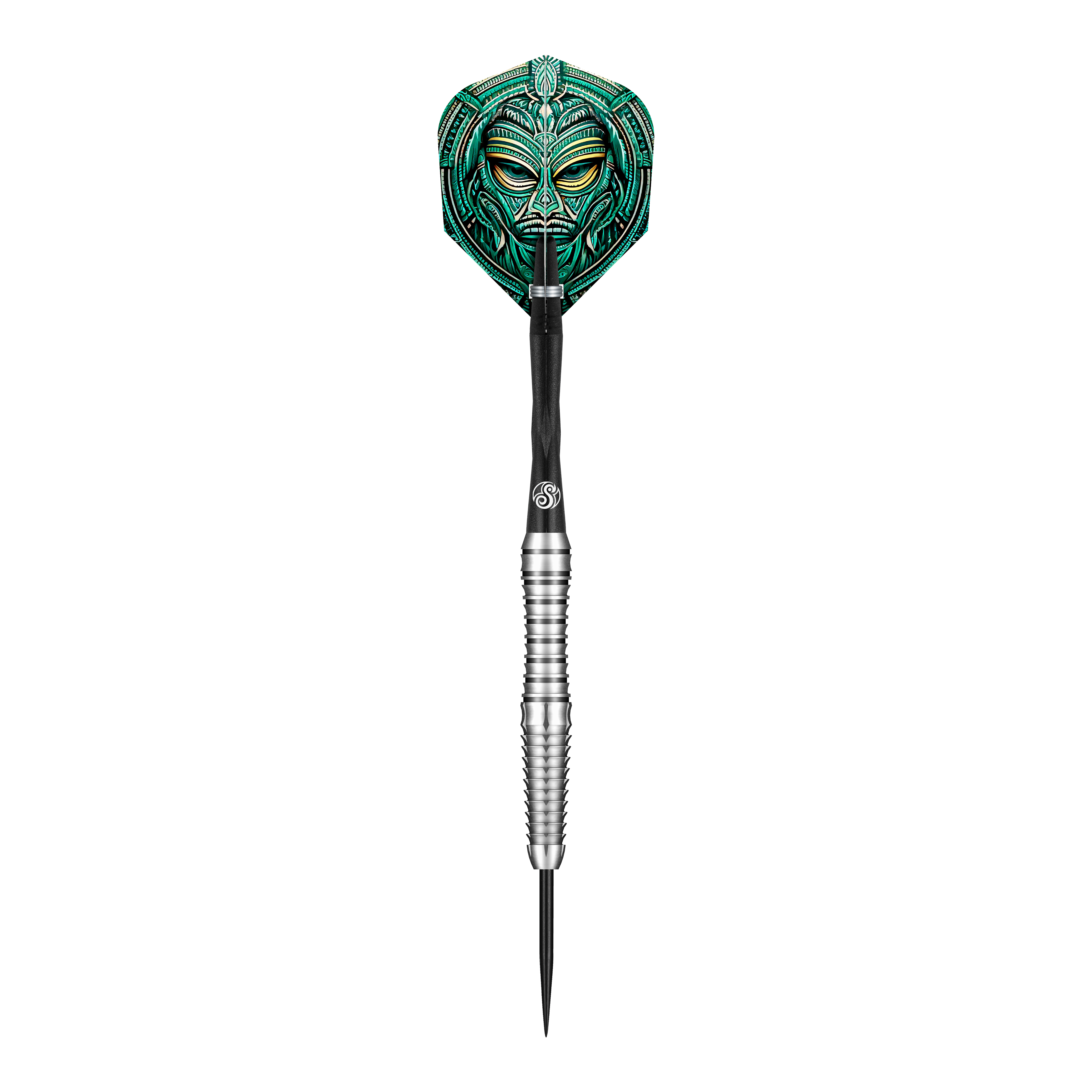 Der Shot Tribal Weapon Toki Steeldart besitzt einen silbernen, geriffelten Barrel und eine schwarze Spitze. Sein Flight zeigt ein auffälliges, grünes Maskenmuster im Tribal-Stil.