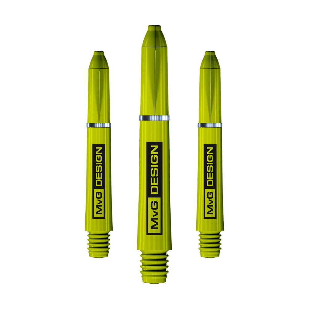 7100_Winmau_Nylon_Ring_Grip_MvG_Design_Shafts_35mm_1 Das Bild zeigt drei Winmau Nylon Ring Grip MvG Design Shafts in leuchtendem Gelb. Auf jedem Schaft steht deutlich „MvG DESIGN“ geschrieben.
