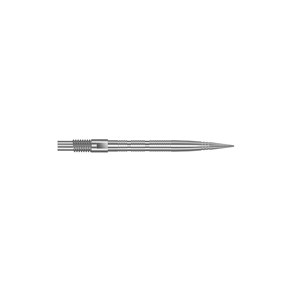 Špičky na šipky Harrows Quick Point Micro Ridge - stříbrné Das Bild zeigt Dartspitzen mit MicroRidge Struktur in Silber mit einer Länge von 26 mm. Die Dartspitzen sind nebeneinander angeordnet.