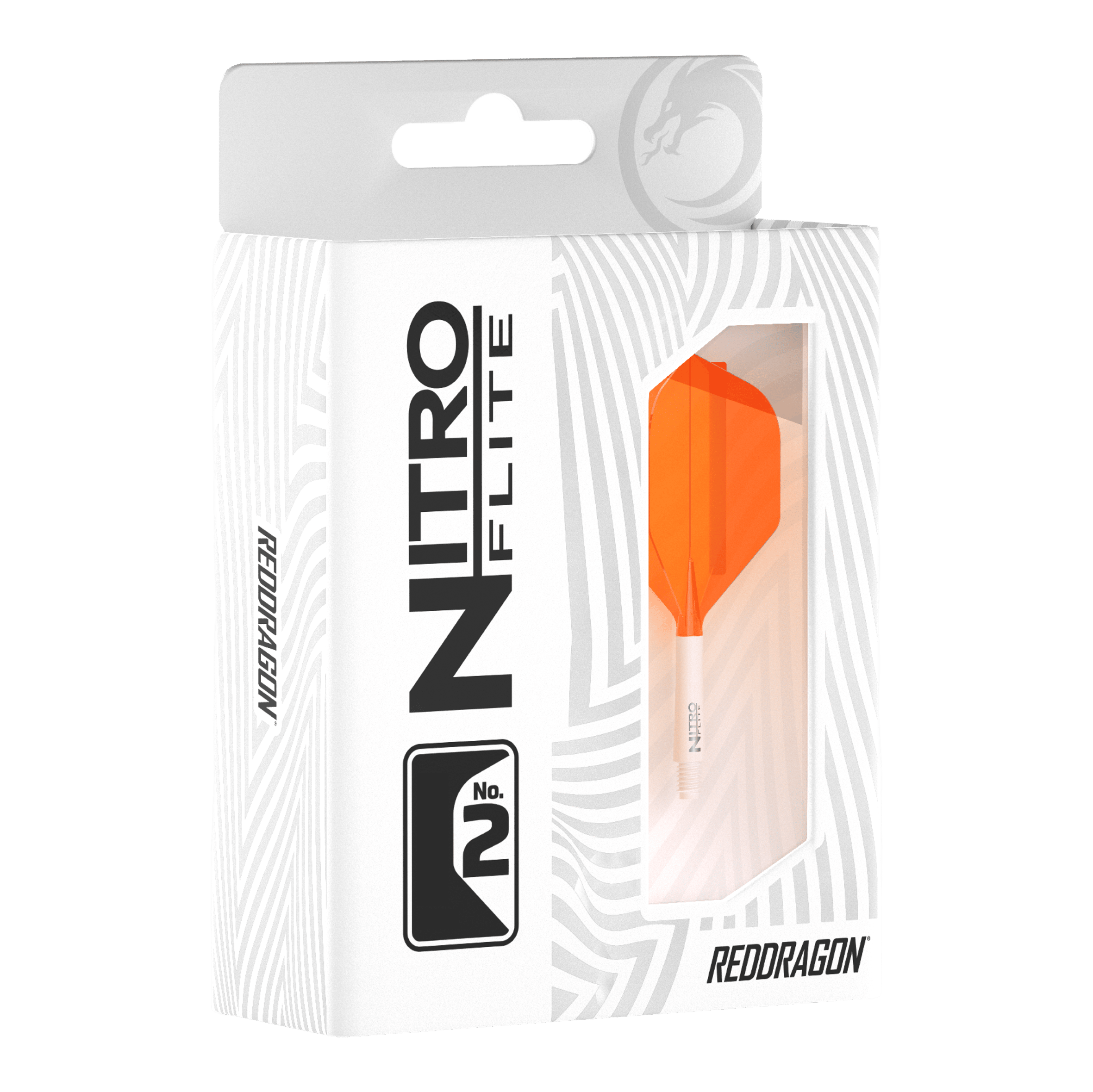 Zu sehen ist das Produkt Red Dragon Nitroflite White Shaft Orange Flights No2. Es besteht aus einem weißen Schaft und orangen Flights.