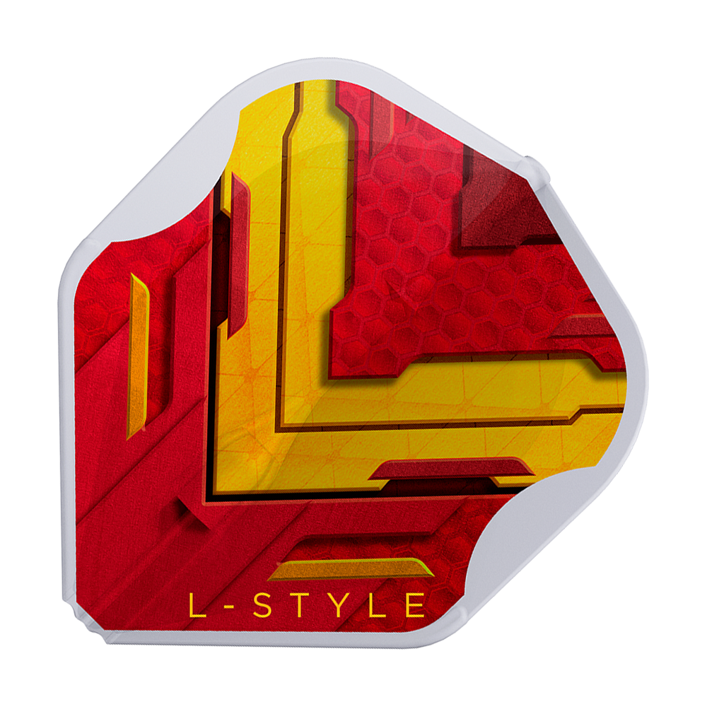 Das Bild zeigt ein Dart-Flight mit einem Design in den Farben Rot und Gelb. Am unteren Rand steht in gelber Schrift "L-STYLE".