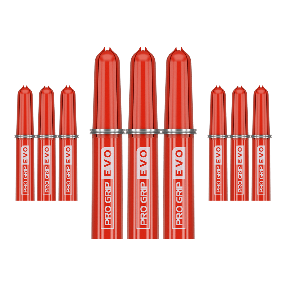 Target Pro Grip EVO Ersatztops (9er Pack) Das Bild zeigt neun rote Ersatztops des Produkts "Target Pro Grip EVO" im 9er Pack. Die Aufschrift "PRO GRIP EVO" ist deutlich auf jedem Top zu sehen.