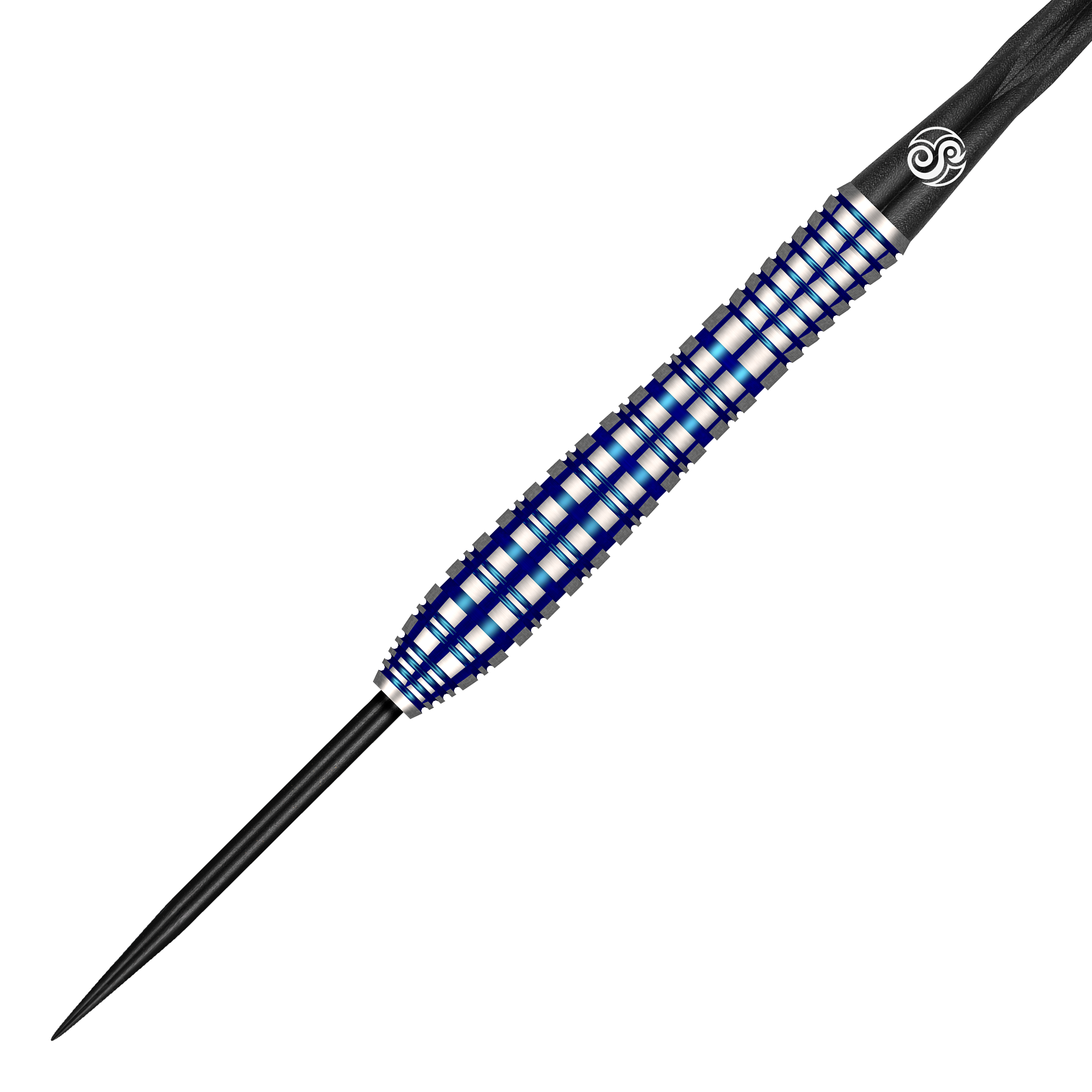 Das Bild zeigt einen Shot Pro Series Nicole Regnaud Renegade Steeldart mit einem Gewicht von 23 Gramm. Der Dart hat ein silber-blaues, gerilltes Barrel und eine schwarze Spitze.