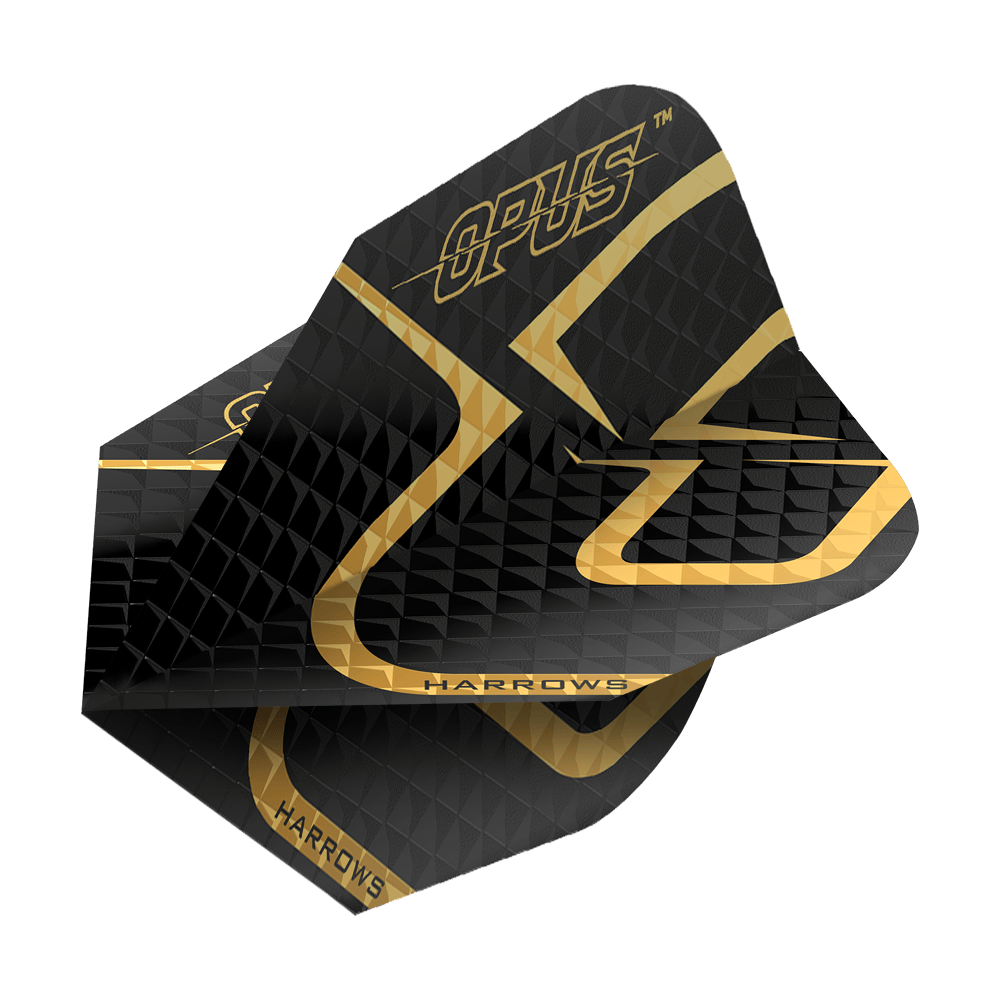 Lety Harrow's Opus verze 2 Das Bild zeigt das Produkt "Harrows Opus Version 2 Flights". Die Flights sind überwiegend schwarz mit goldenen Akzenten und Aufschrift.