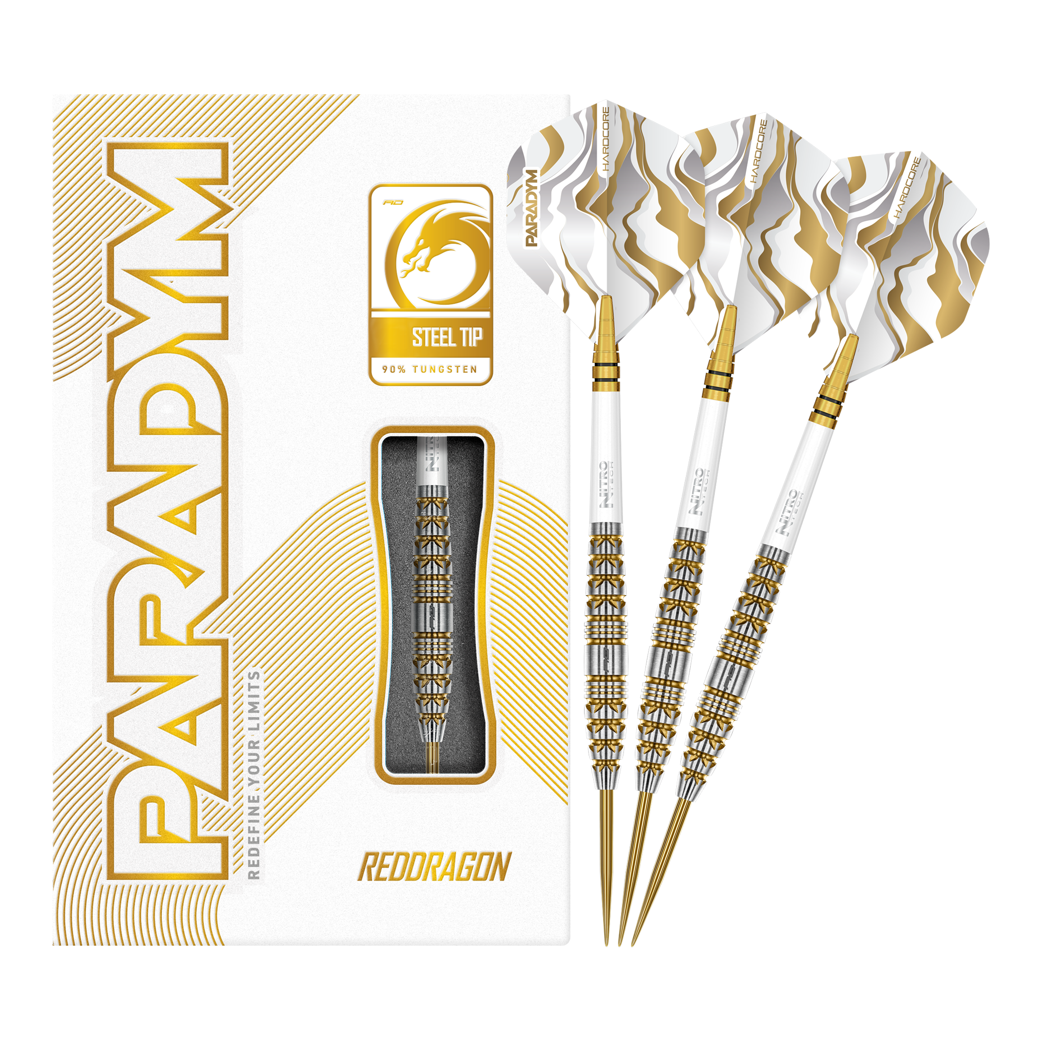 Ocelové šipky Red Dragon Paradym Gold Torpedo Das Bild zeigt die Red Dragon Paradym Gold Torpedo Steeldarts in vollständiger Ansicht. Es sind elegante Steeldarts mit goldener Oberfläche.