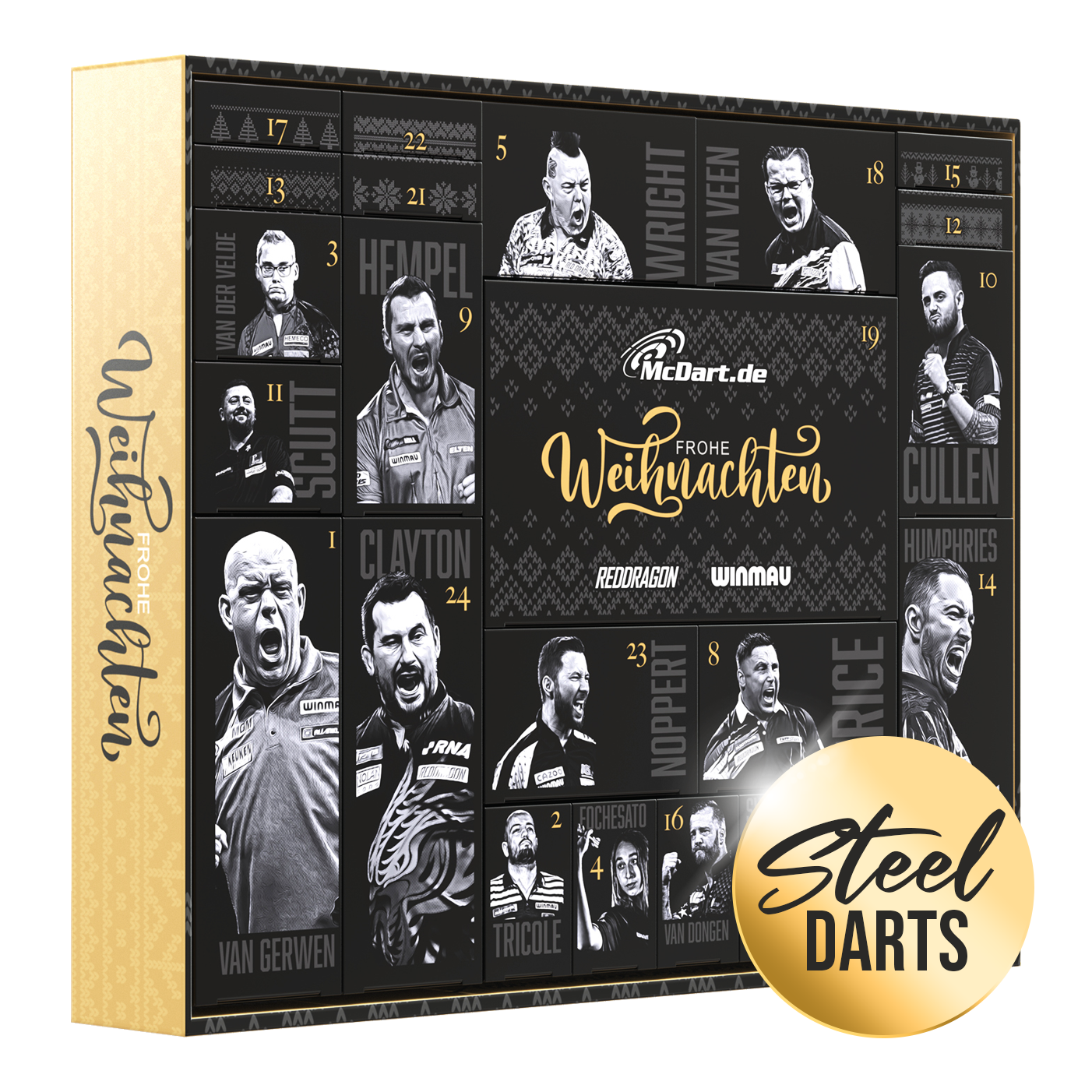 Der McDart Premium Adventskalender 2025 für Steeldart-Spieler ist auf diesem Bild zu sehen. Die Verpackung ist speziell für Darts-Enthusiasten gestaltet.