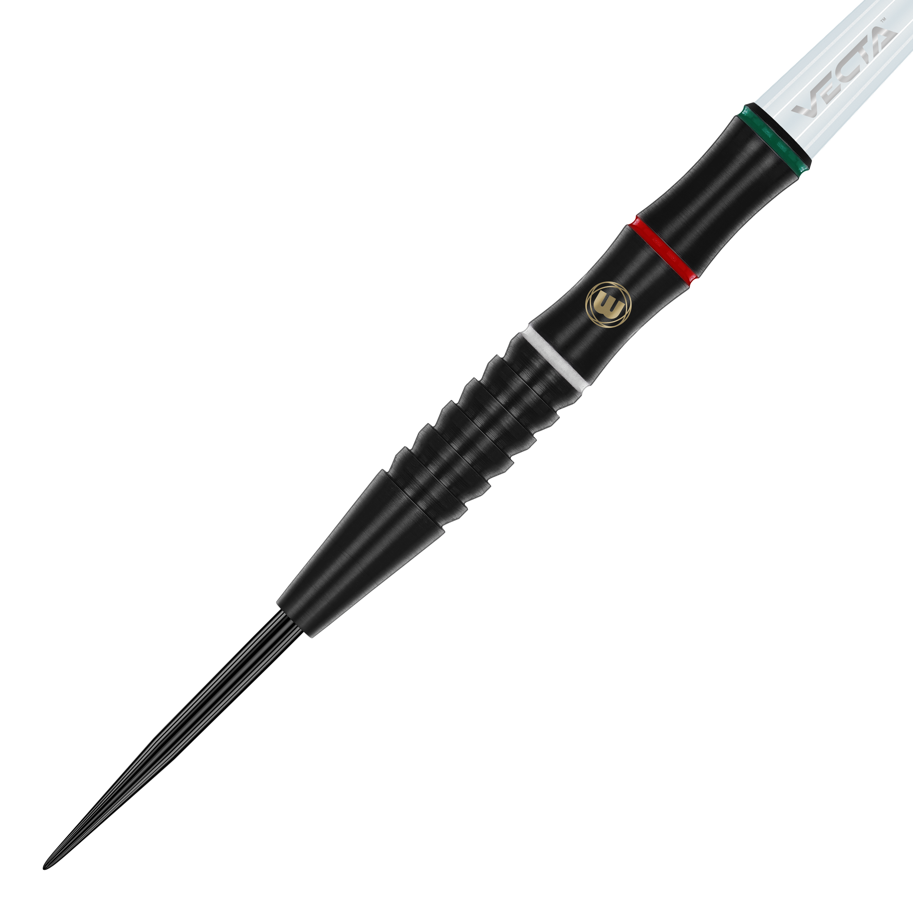 Auf dem Bild ist ein Winmau Peter Wachuri Steeldart mit 22g zu sehen. Der Dartpfeil ist schwarz mit farbigen Ringen und einer metallischen Spitze.
