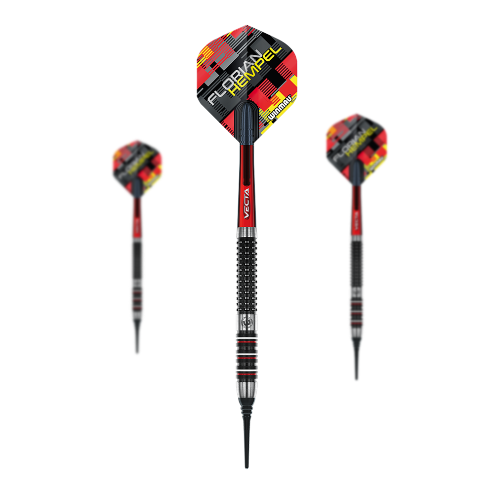 Winmau Florian Hempel měkké šipky - 21g Das Bild zeigt drei Winmau Florian Hempel Softdarts mit einem Gewicht von 21g. Die Darts haben rote, schwarze und silberne Details sowie ein auffälliges Flights-Design.