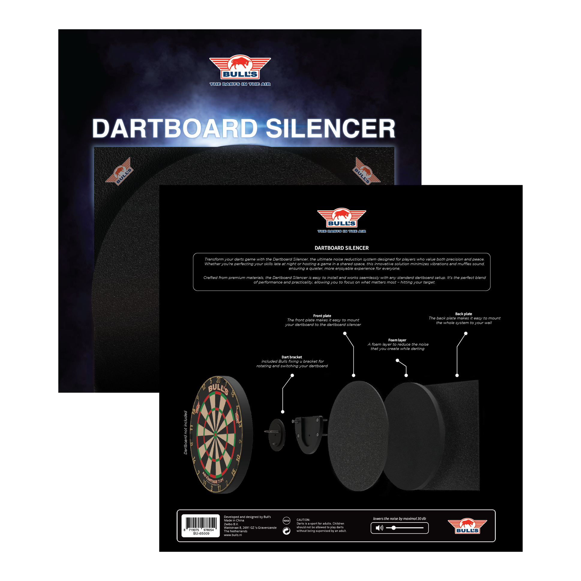 Das Bild zeigt das Produkt "Bulls NL Dartboard Silencer" in seiner Verpackung. Auf der Rückseite ist eine Grafik abgebildet, die die einzelnen Komponenten und deren Funktionen erklärt.