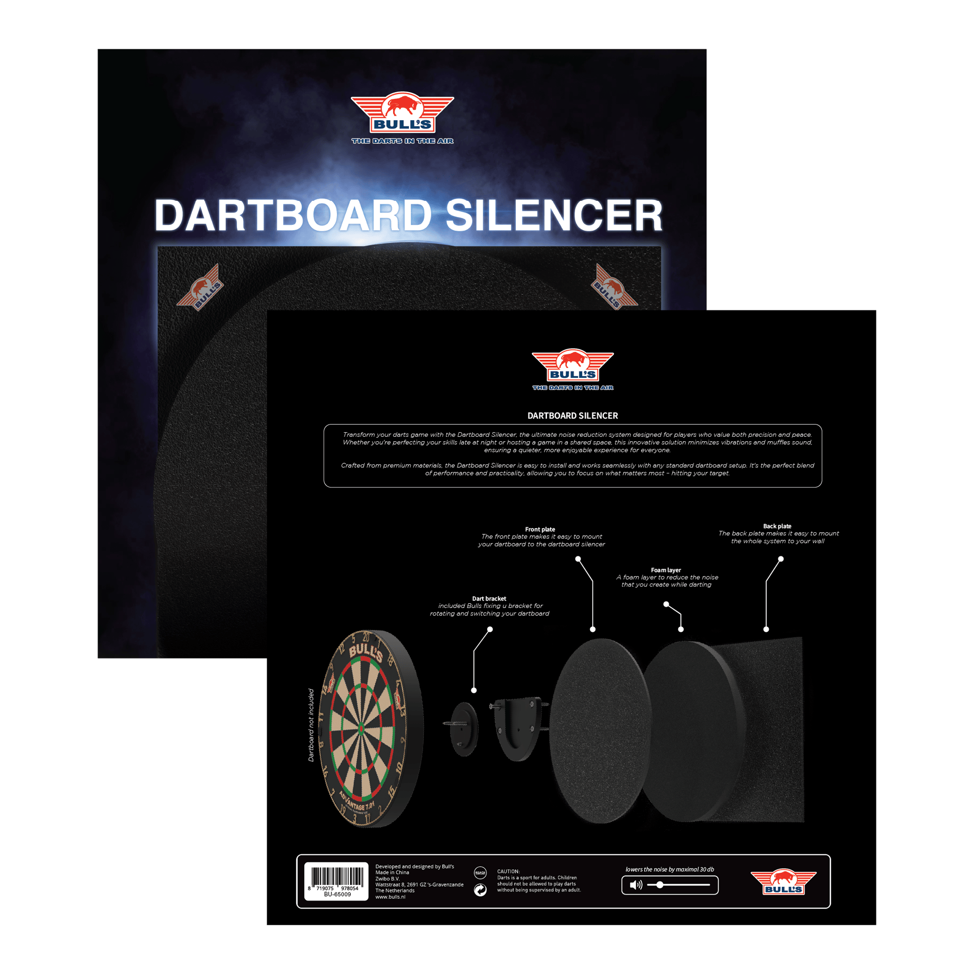 Tlumič terčů Bulls NL Das Bild zeigt das Produkt "Bulls NL Dartboard Silencer" in seiner Verpackung. Auf der Rückseite ist eine Grafik abgebildet, die die einzelnen Komponenten und deren Funktionen erklärt.